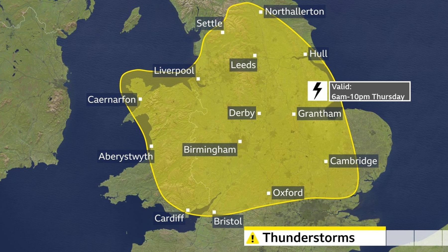 A weather map showing the yellow thunderstorm area for Thursday, encompassing Northallerton, Settle, Leeds, Hull, Liverpool, Caernarfon, Derby, Grantham, Aberystwyth, Birmingham, Cambridge, Oxford, Cardiff and Bristol. 