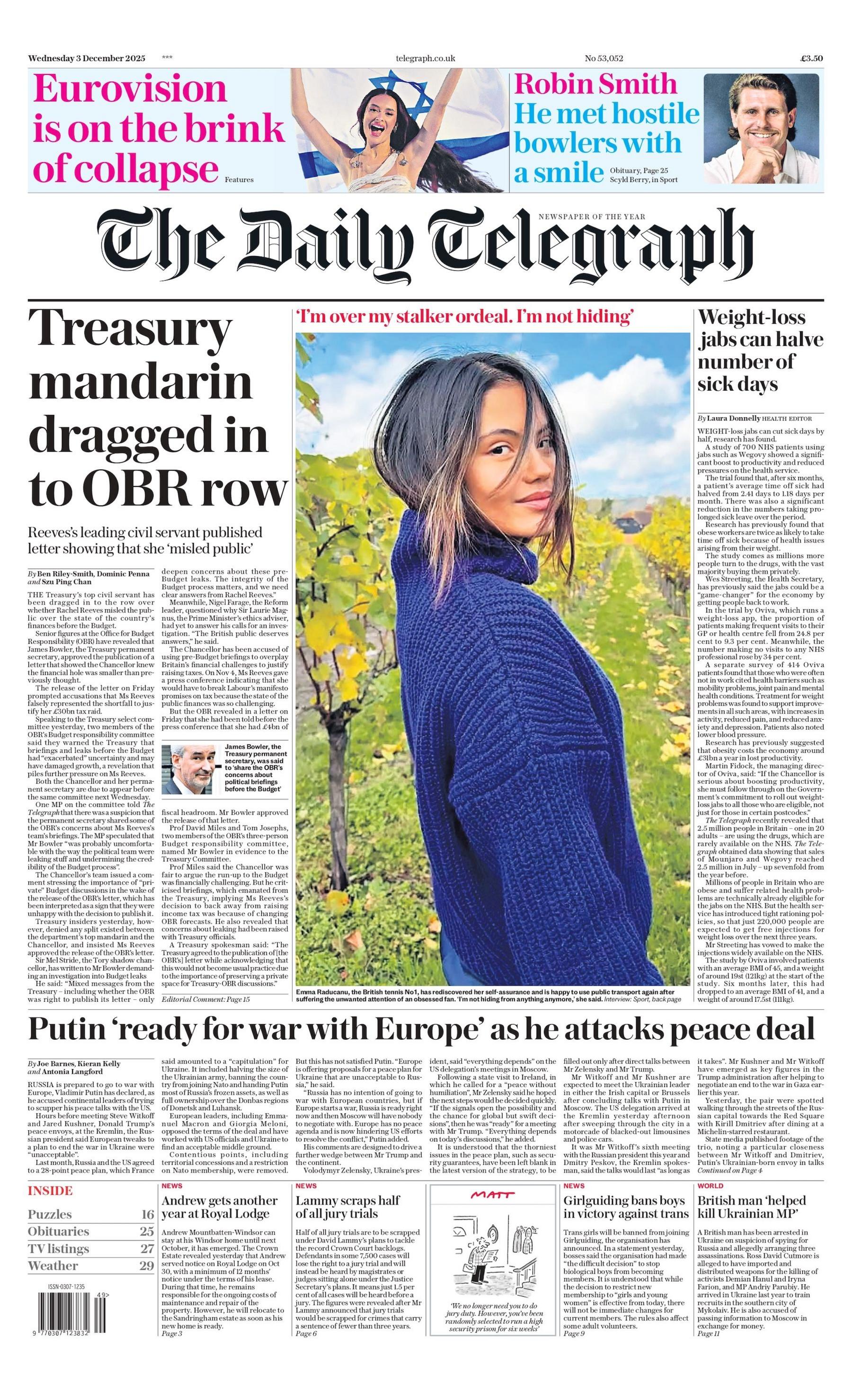 "Treasury mandarin dragged into OBR row" reads the headline on the front page of The Daily Telegraph.