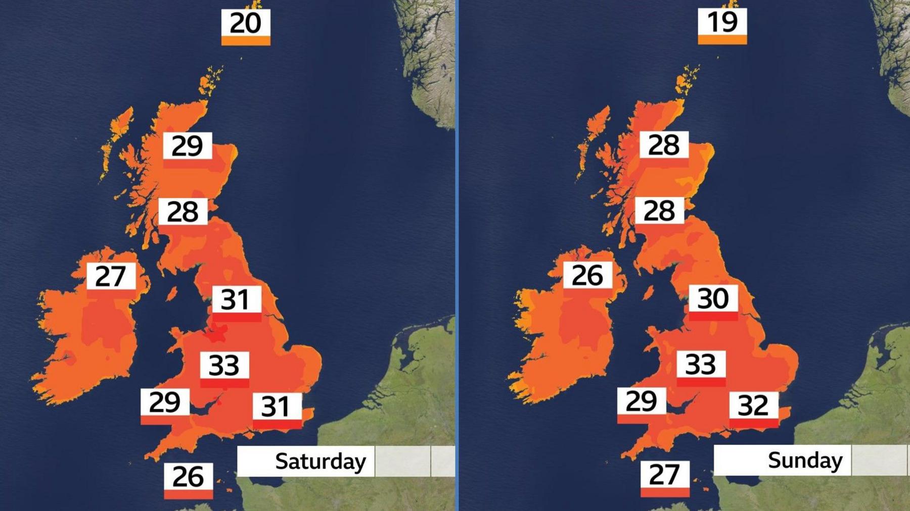 Two weather maps showing temperatures for Saturday and Sunday. On Saturday temperatures range from 20 degrees in Shetland to 33 degrees in the Midlands. On Sunday temperatures range from 19 degrees in Shetland to 33 degrees in the Midlands.