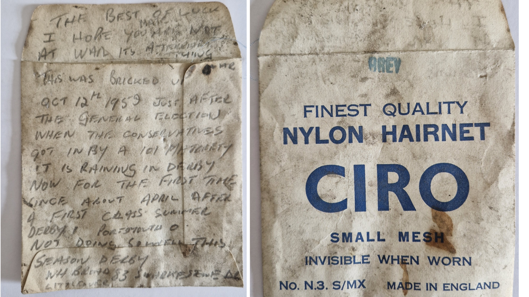 A composite photo of the front and back of the Ciro nylon hairnet packet, which is white but very worn, and the note written on the back