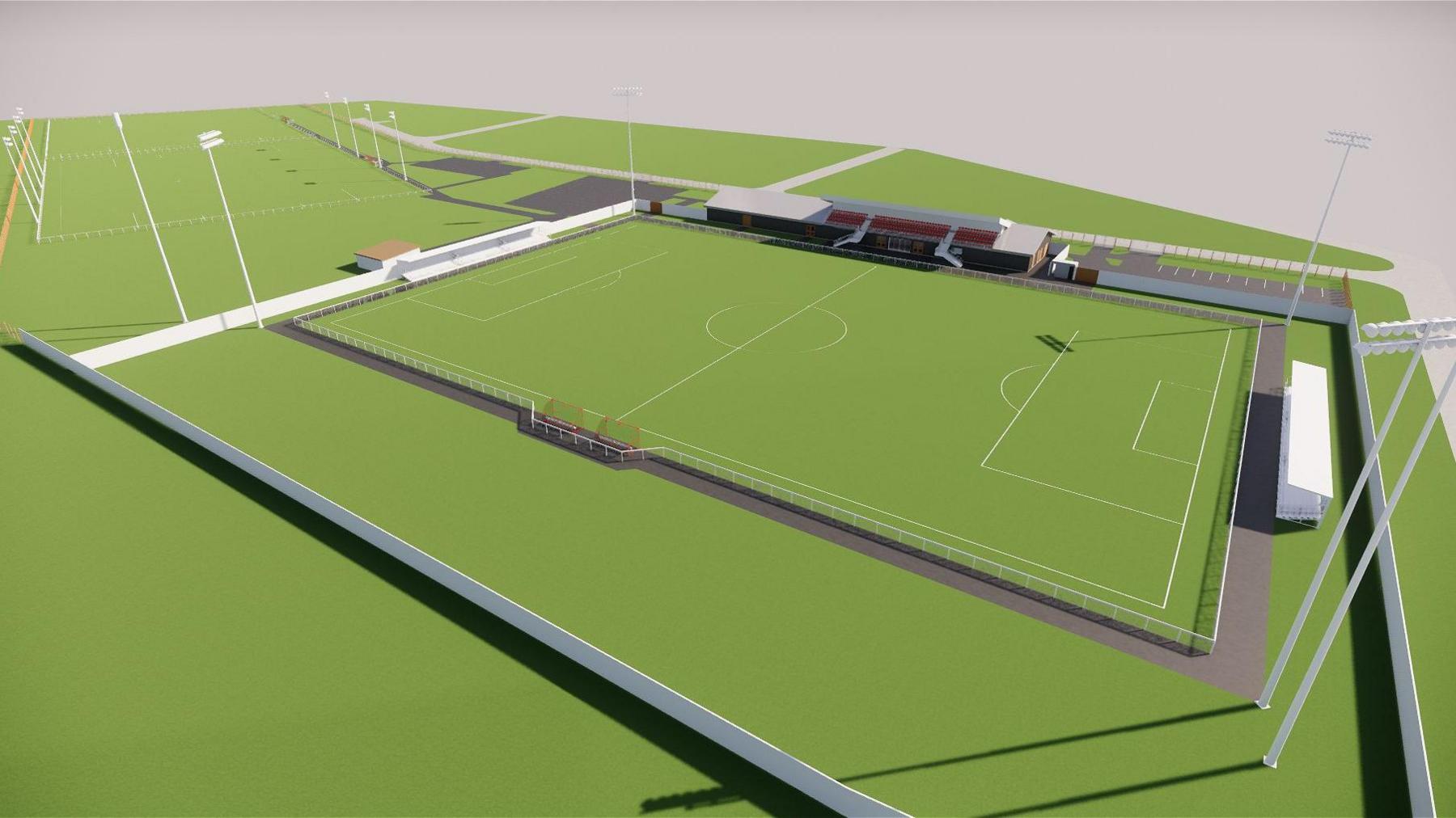 An artist's impression of a new football stadium with floodlights and a small stand on one side