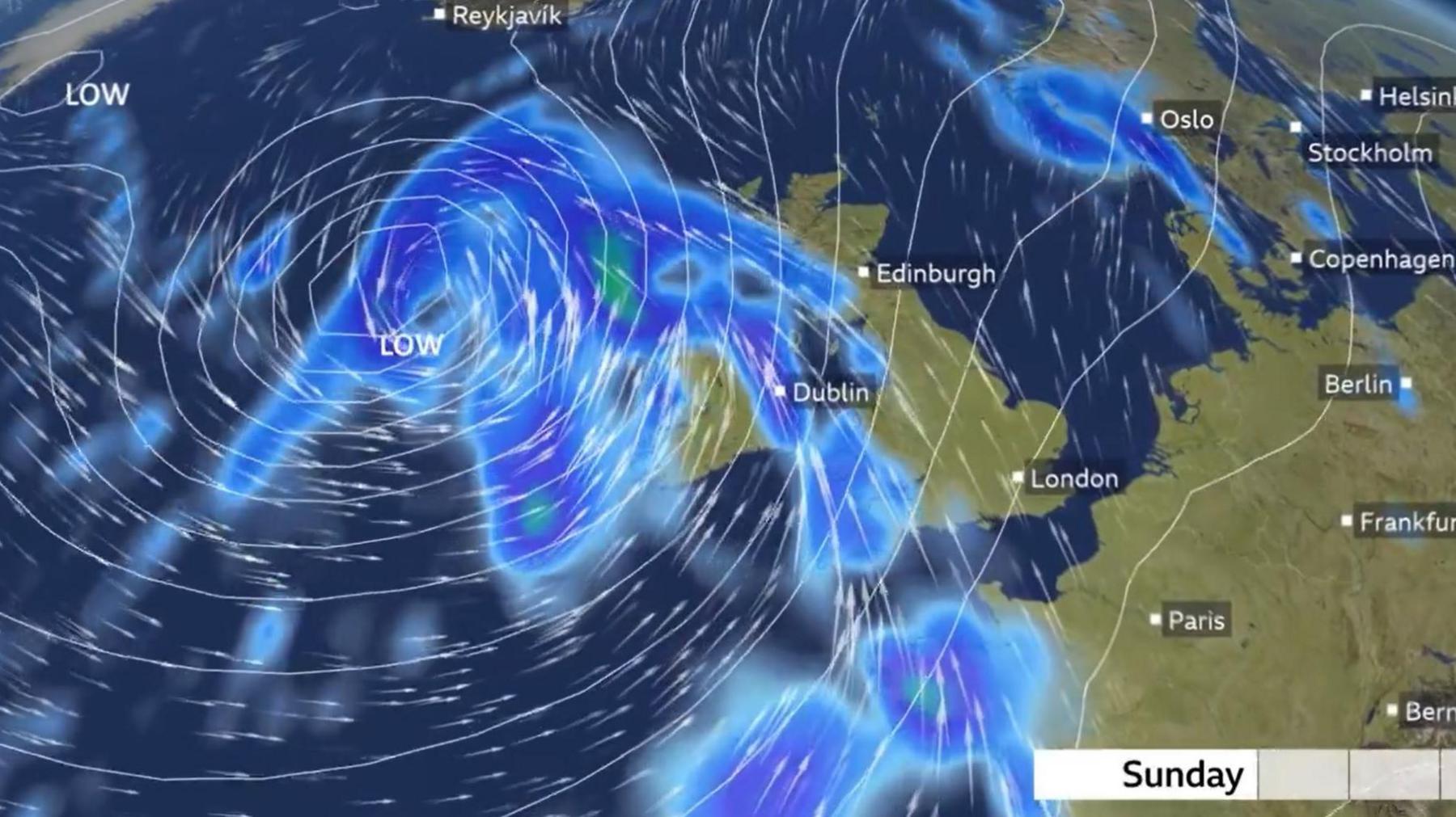 A weather graphic for wind on Sunday with blue swirls over parts of the UK, including Northern Ireland. The map also includes parts of Europe with capital cities' names above each place e.g 'Dublin', 'Edinburgh' and 'London'.