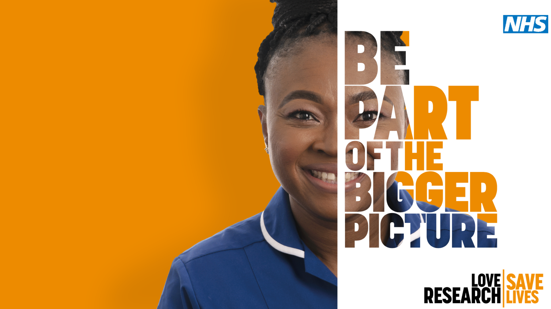 A woman in royal blue uniform smiling at the camera with a sign saying Be Part of the Bigger Picture Love Resarch/Saves Lives over half her face 