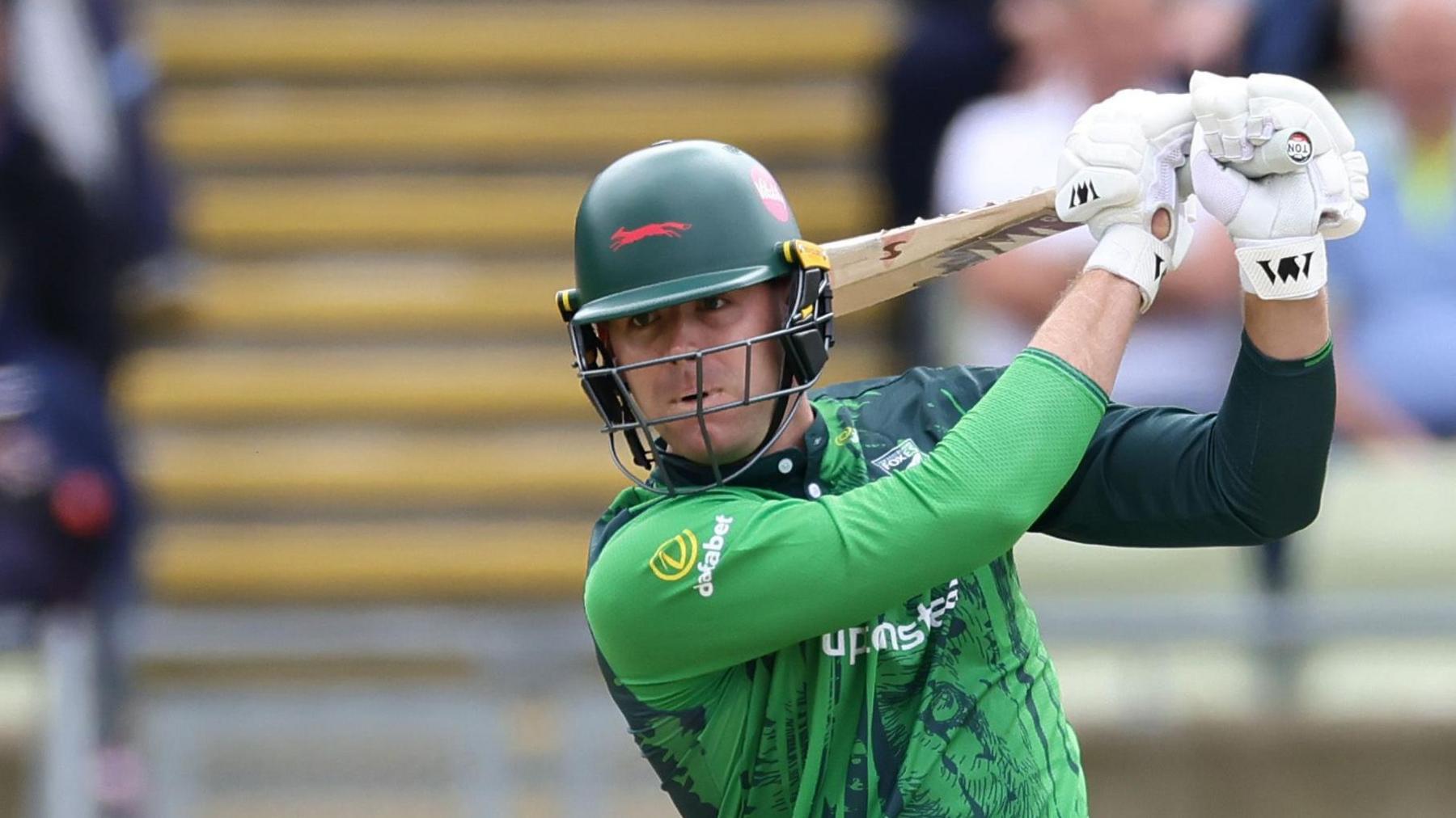 Louis Kimber plays a shot for Leicestershire