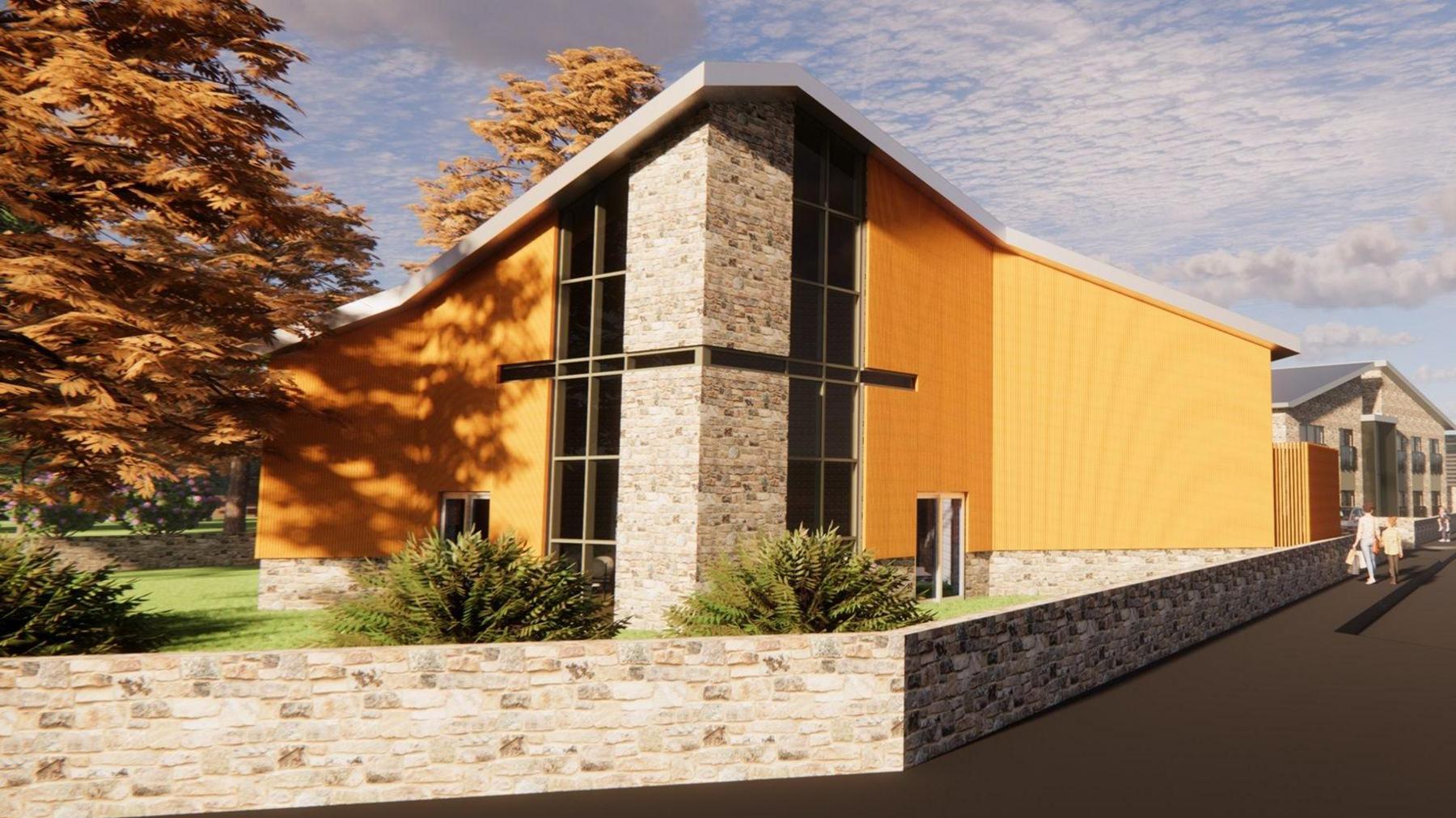 An artist's impression of the new Allerton Methodist Church, with wood panelling across its walls.