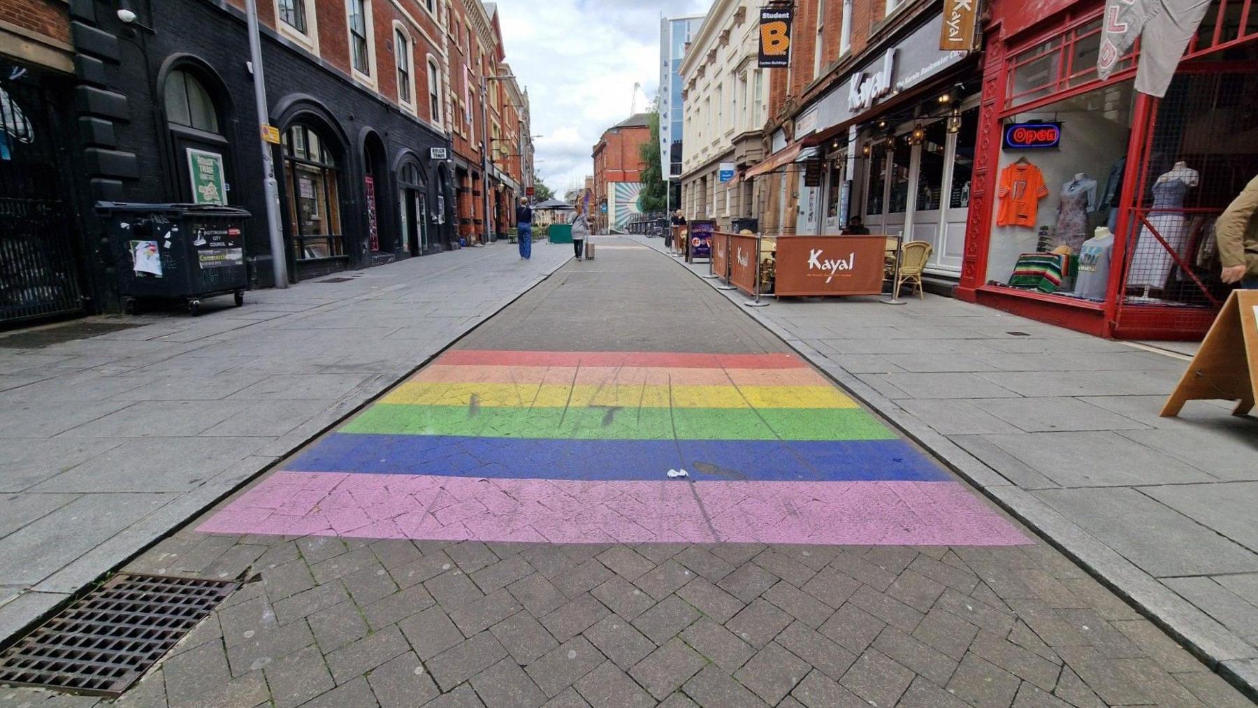 Rainbow paint on a Nottingham street