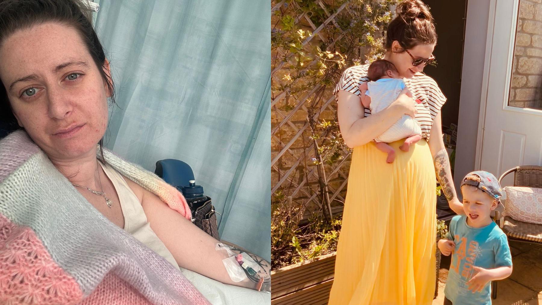 A split image with Sophie on the left looking unwell in hospital with an IV in her arm and Sophie with her her children on the right wearing a long yellow flowy skirt