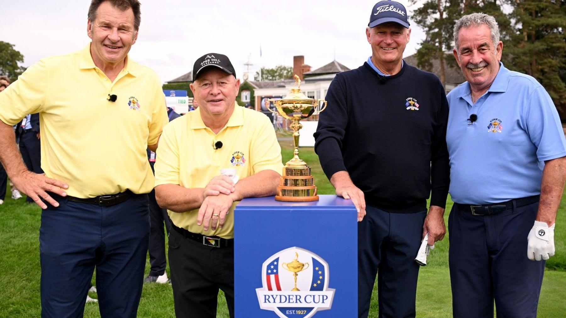 Nick Faldo, Ian Woosnam, Sandy Lyle and Sam Torrance with the Ryder Cup at the Belfry