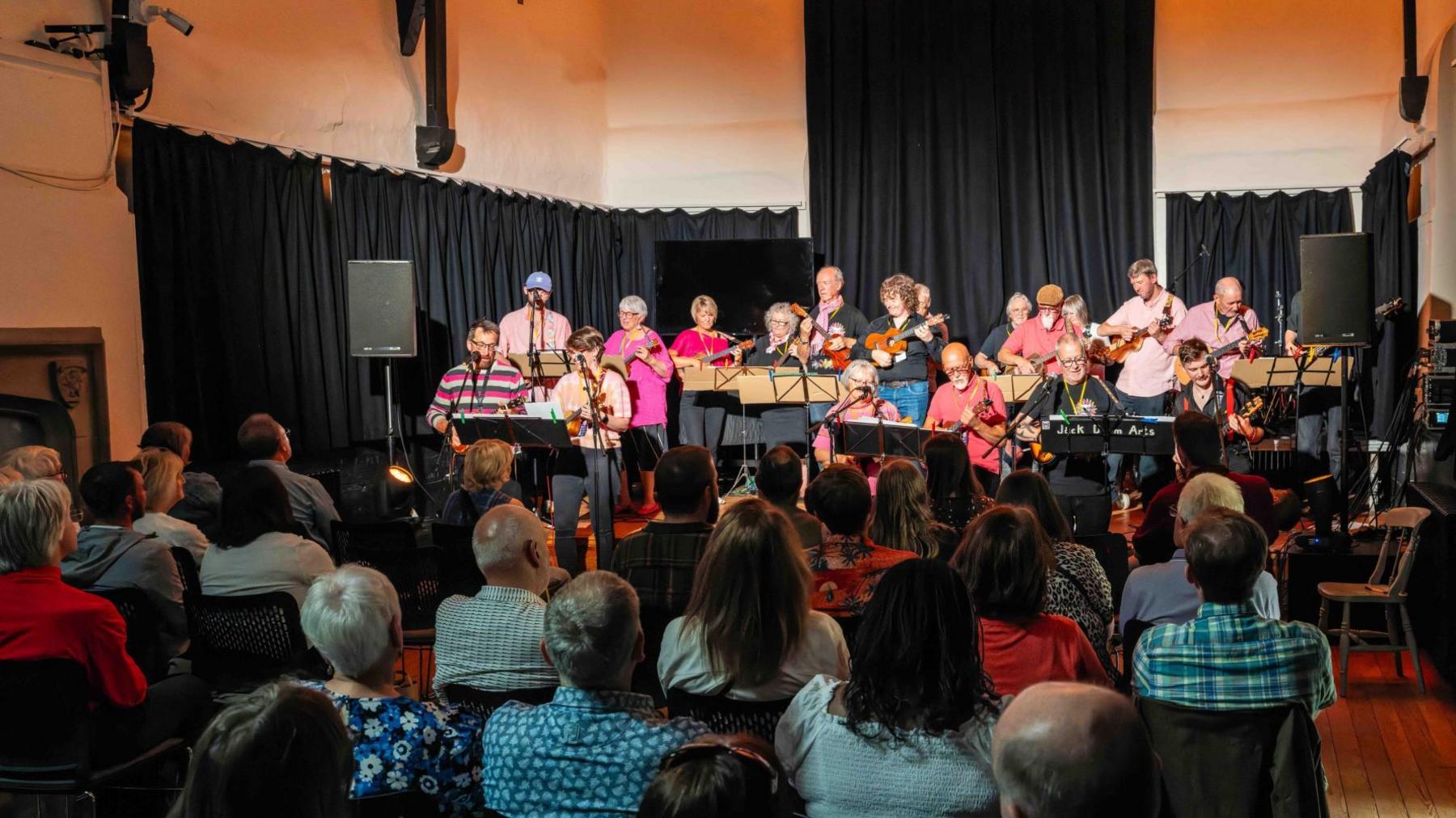 About 20 people are on stage playing ukuleles. They are wearing clothes on the shades of black and pink. Dozens of audience members are seated watching them.