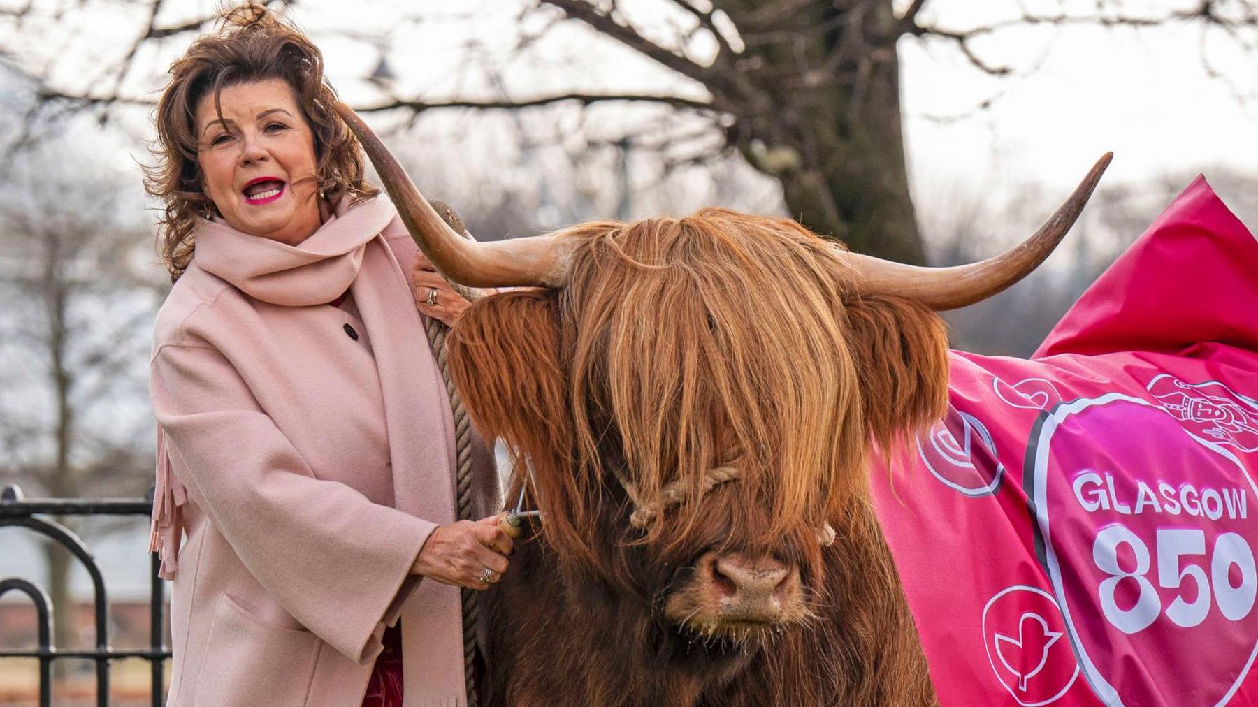 Elaine C Smith, wearing a pink coat and matching scarf, holds a Highland cow on a rope 