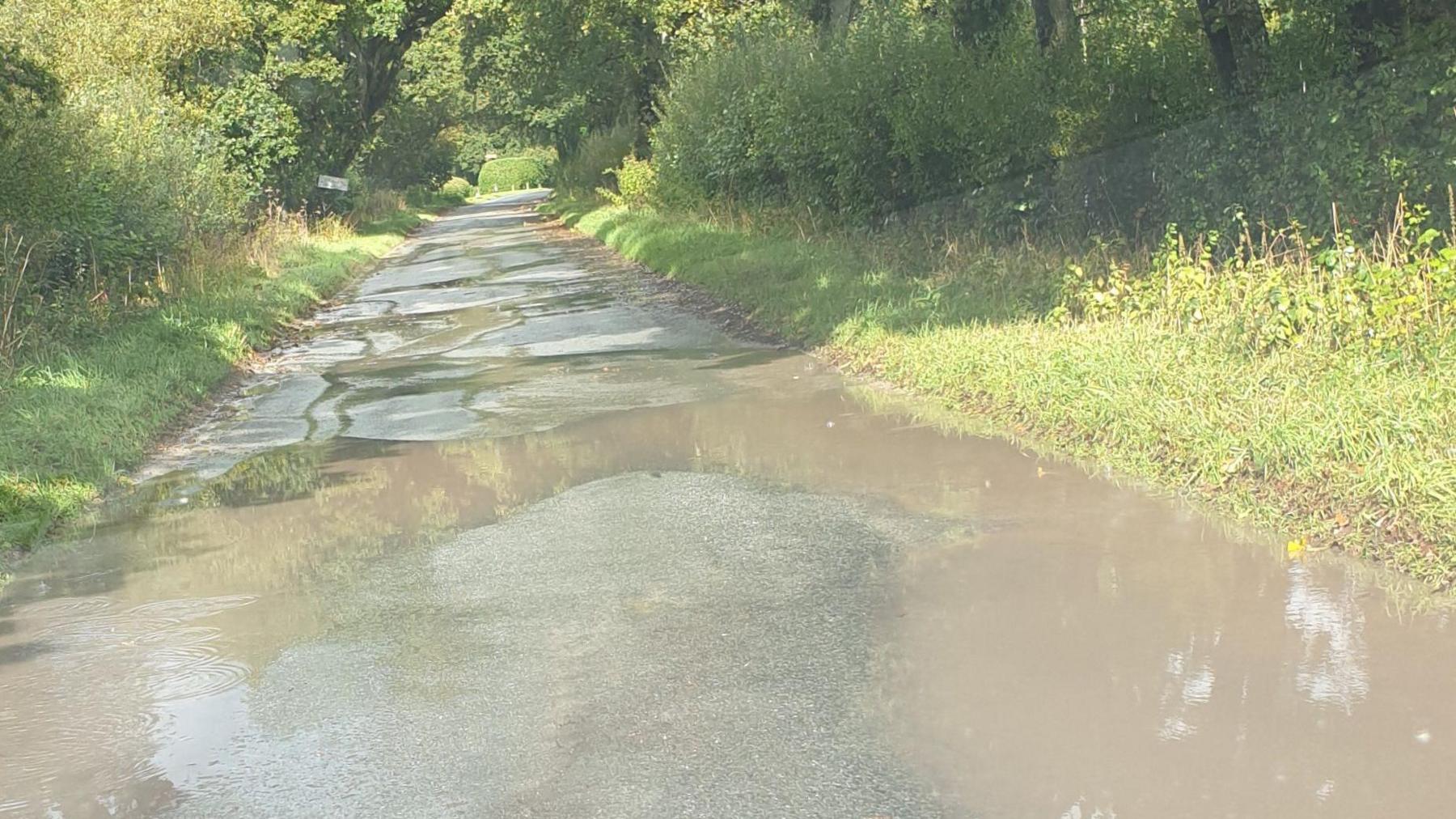 A road in Dorchester, which has large puddles of murky brown water on it. There are trees and grass verges either side.