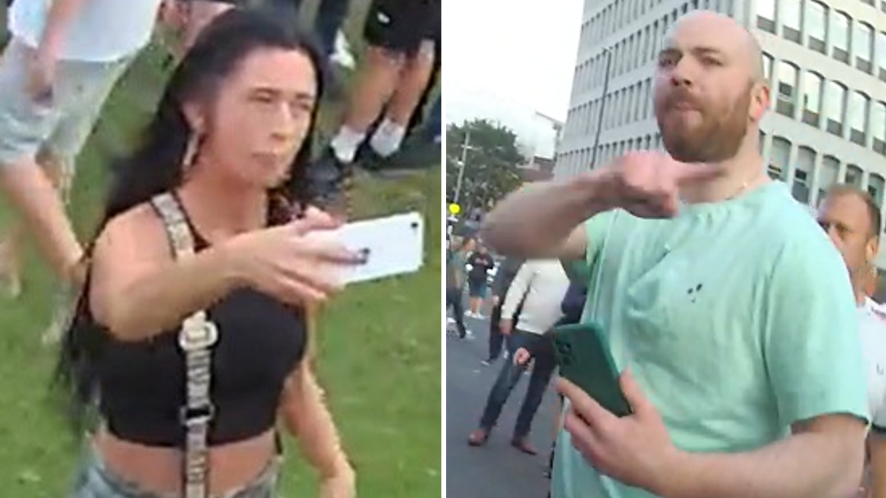 A woman with long dark hair holding a white phone. A man with a brown beard. 