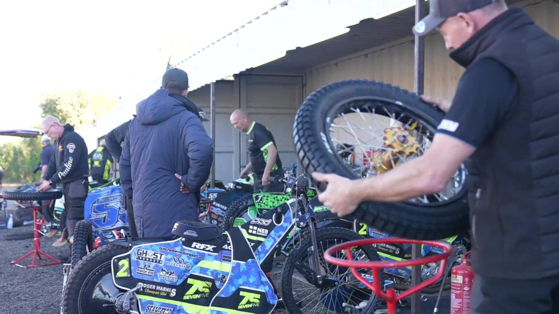 Bikes being prepared ahead of the Northampton v Ipswich meeting