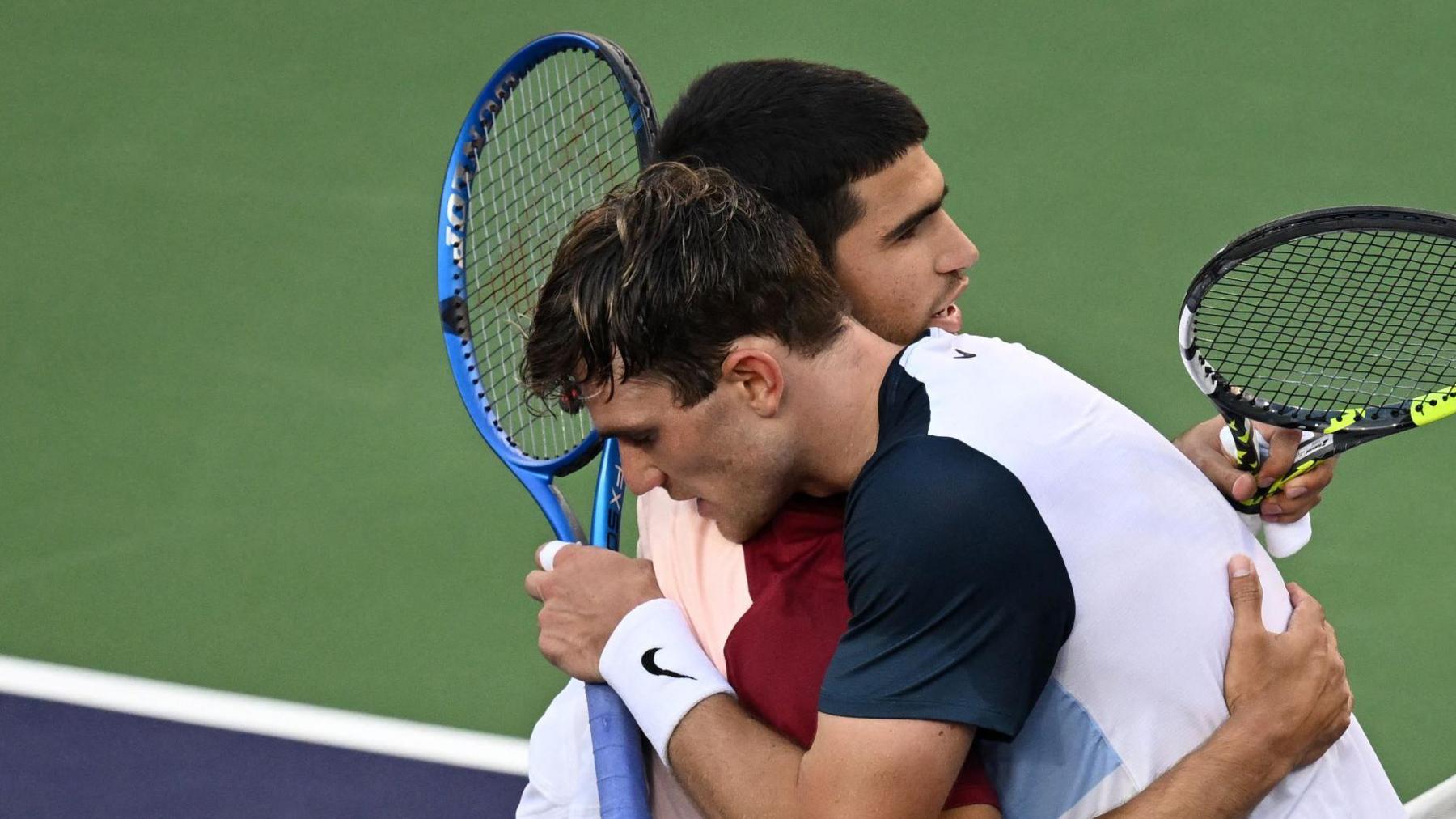 Jack Draper hugs Carlos Alcaraz after their Indian Wells semi-final