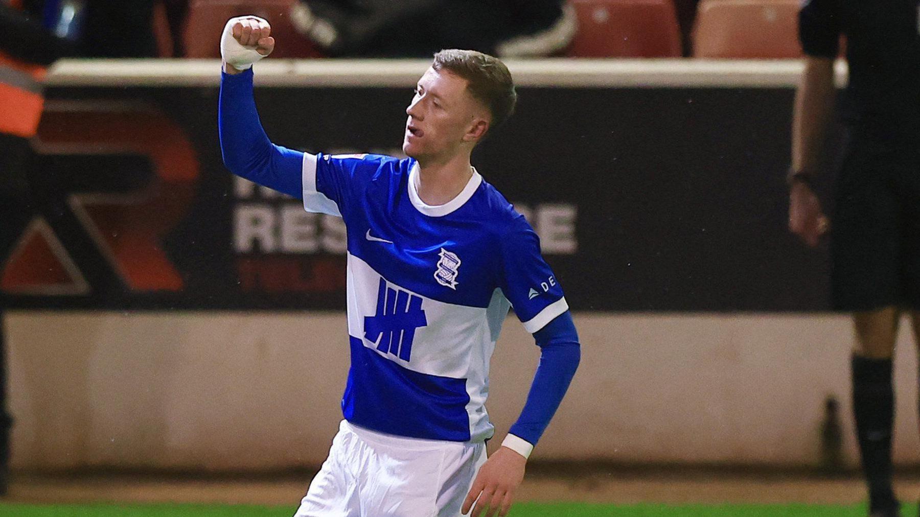 Jay Stansfield celebrates his Birmingham City equaliser against Barnsley at Oakwell