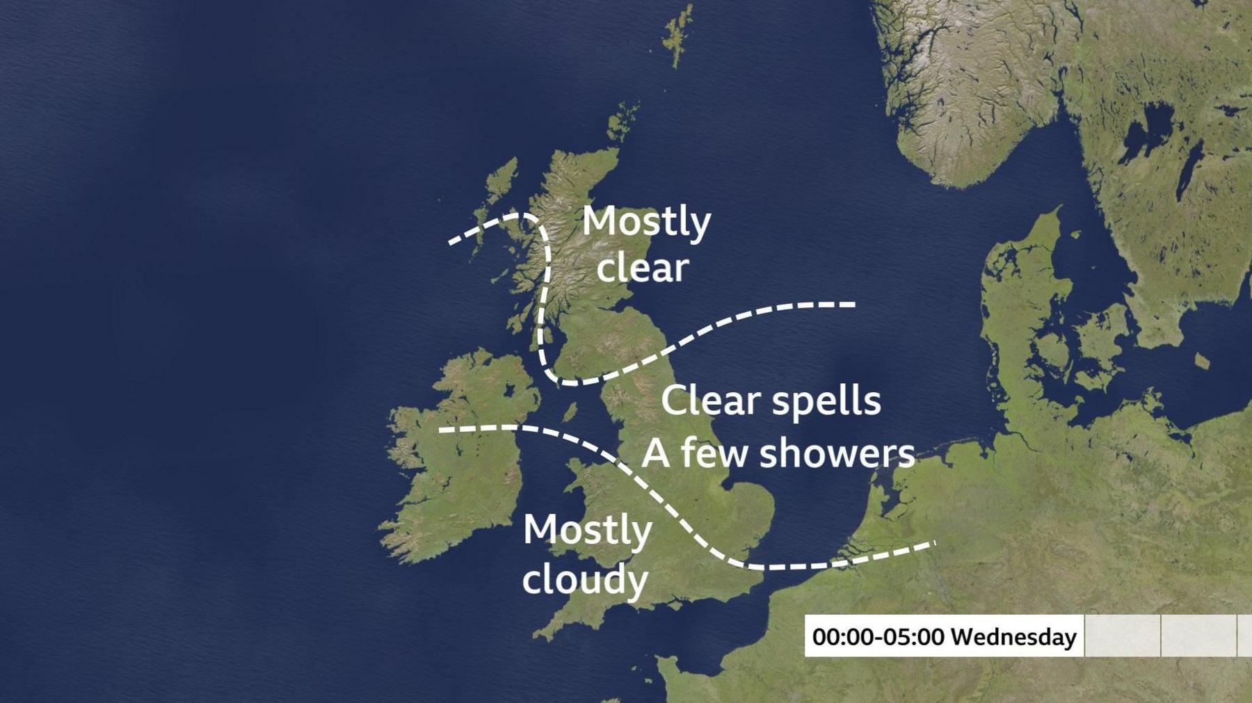 Weather map of the UK divided into three sections to show the forecast for 00:00 until 05:00 on Wednesday morning. Wales, the west Midlands and southern England will be mostly cloudy. Northern Ireland, northern England, the extreme west of Scotland, the east Midlands and East Anglia will have clear spells and a few showers. Much of Scotland will be mostly clear.