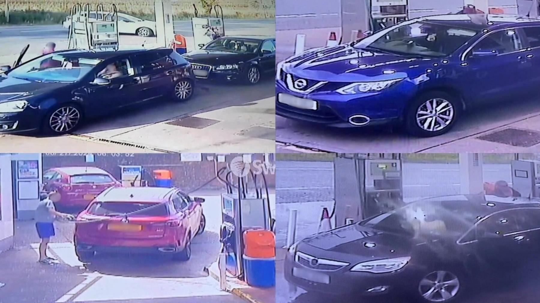 Four CCTV images showing drivers filling up cars at a petrol station.