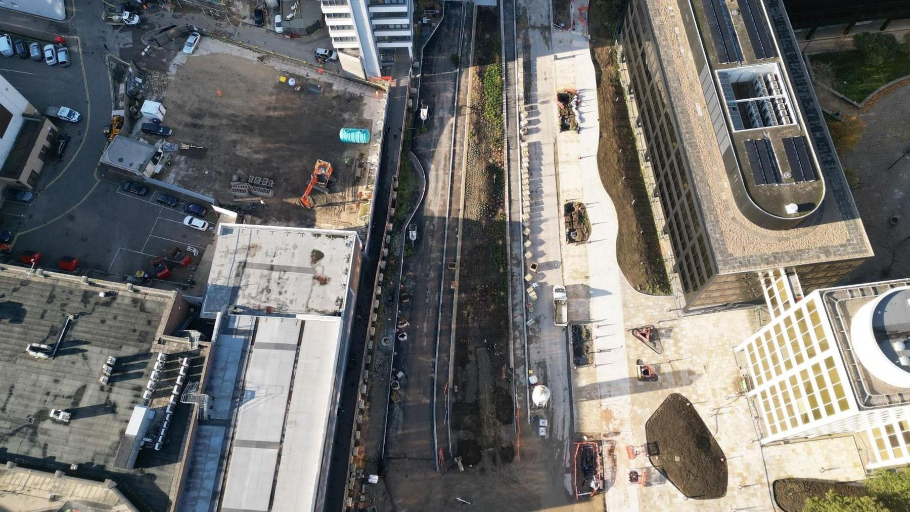 An aerial image of Flemming Way in Swindon, showing an orange crane on one side of the picture.