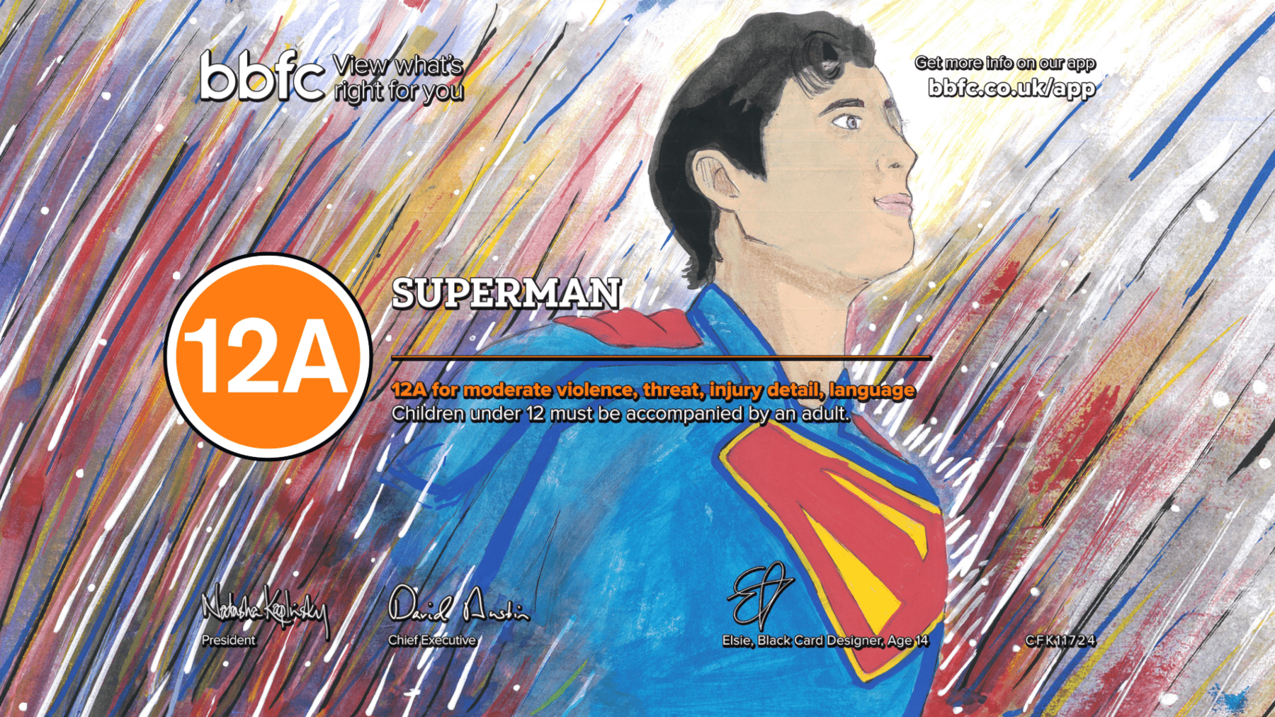Superman, drawn in his iconic blue, red, and yellow costumer. He is emerging from a background of multicoloured streaks. The word 'Superman' and an orange circle around the digits '12A' overlays the design.