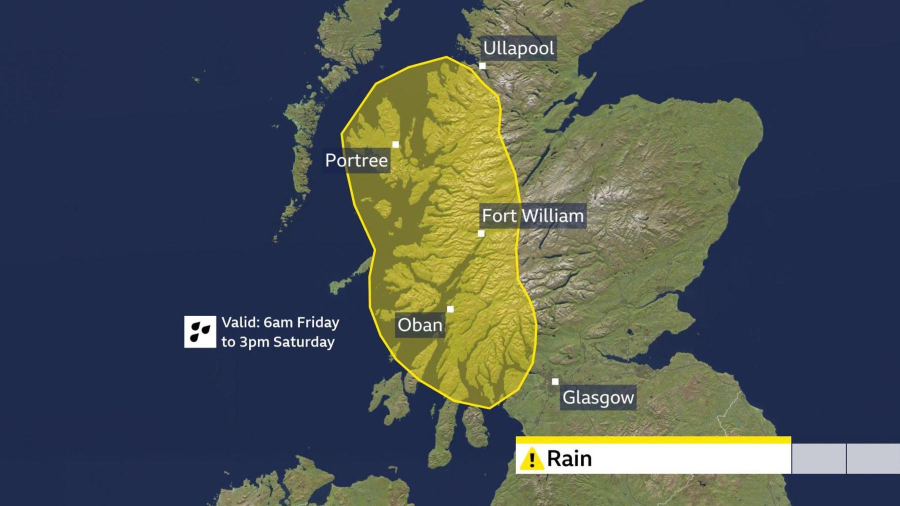 Map of the Met Office yellow warning for rain, from 6am Friday to 3pm Saturday. Area covers much of Argyll and Bute, the southern Highlands, Mull and Skye