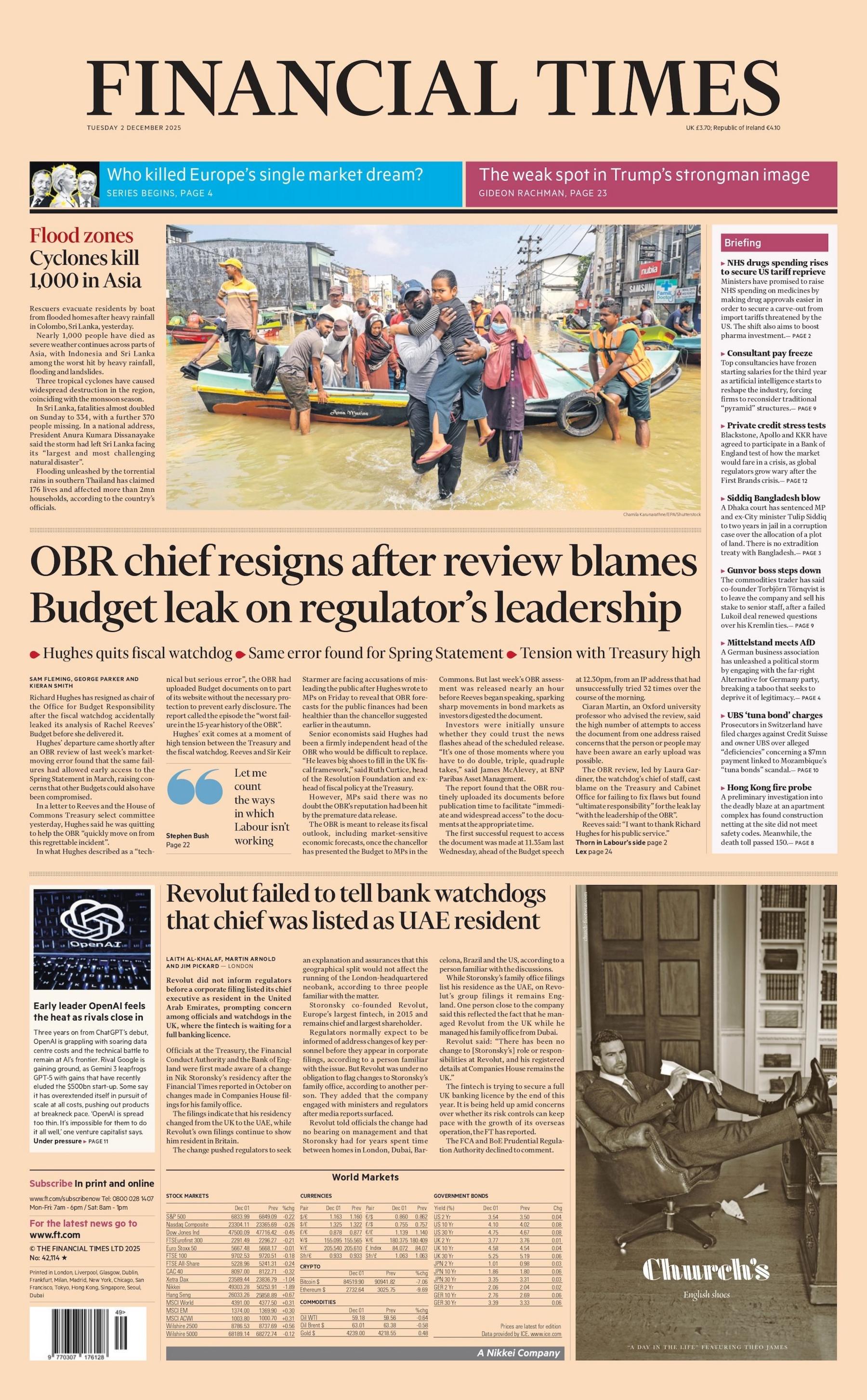 "OBR chief resigns after review blames Budget leak on regulator's leadership" reads the headline on the front page of the Financial Times.