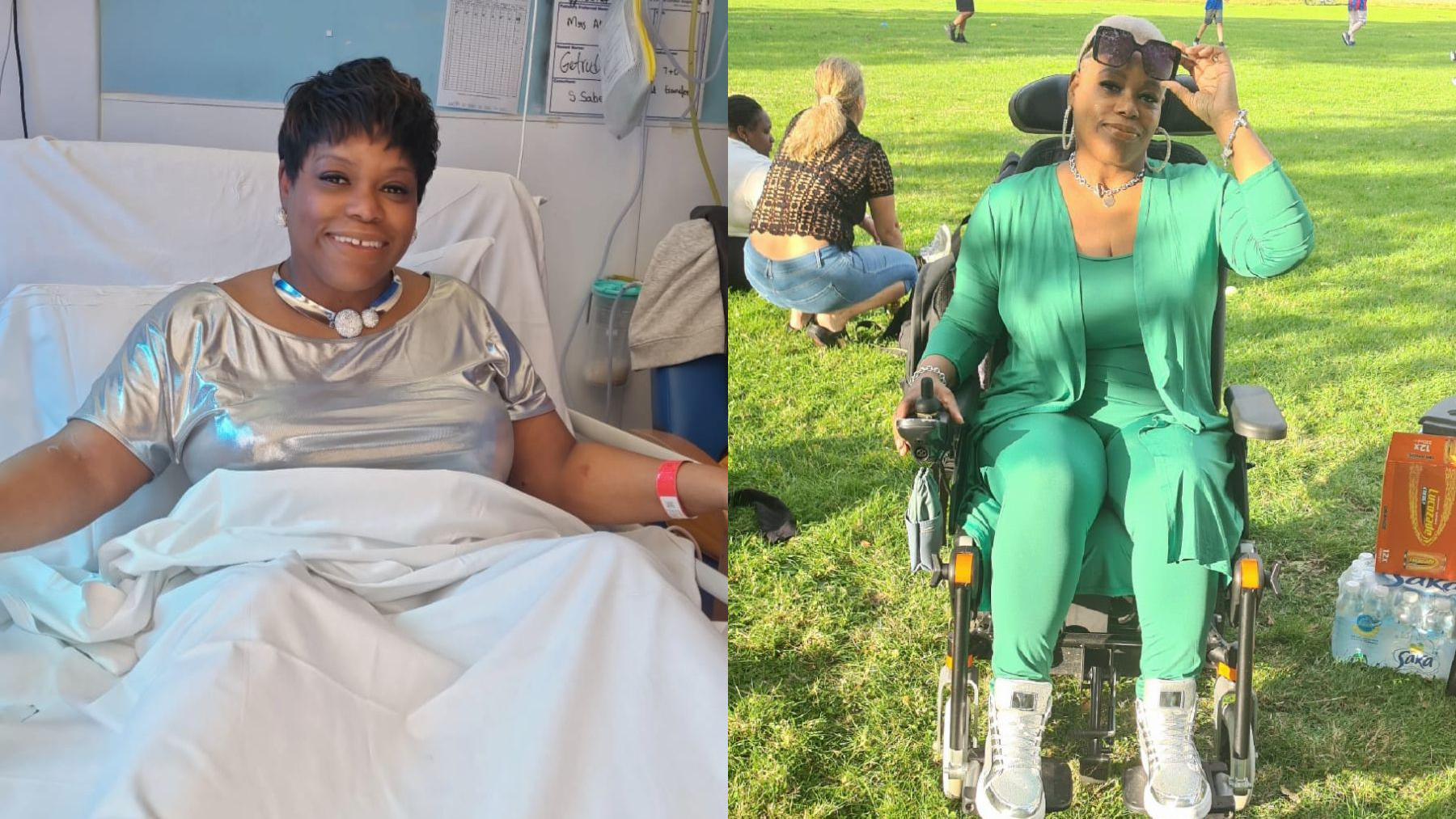 A composite image of Althia, the left image is of her in a hospital bed, wearing a silver top and large necklace and smiling at the camera. The right image is of her in a wheelchair outside on the grass, wearing a green outfit, silver trainers and holding sunglasses over her head and smiling and looking into the camera. She has large hooped earings on and a silver necklace. 