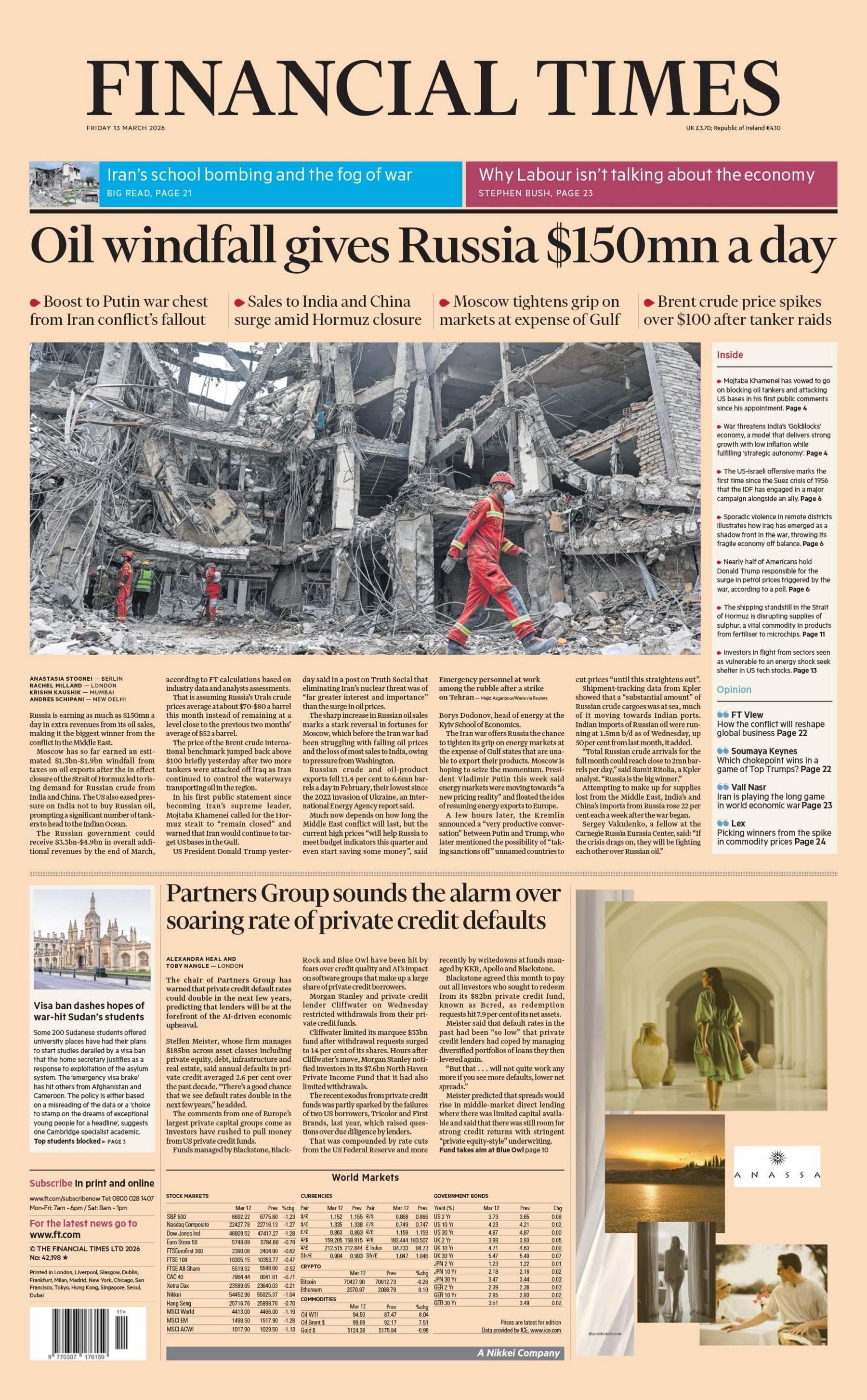 “Të ardhurat e papritura nga nafta i japin Rusisë 150 milionë dollarë në ditë”, shkruhet në titullin kryesor në faqen e parë të Financial Times.