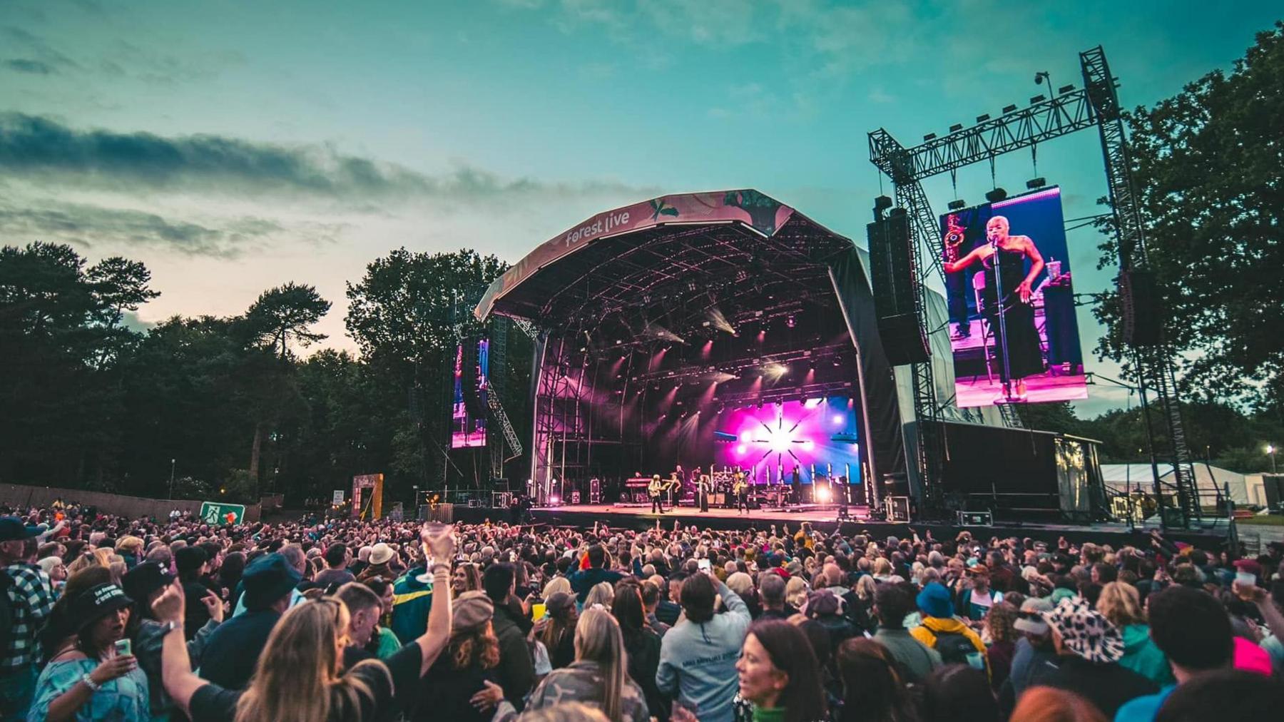 Hundreds of people at a previous Forest Live with a large outdoor stage. There are trees either side of the stage and pink lights illuminated.