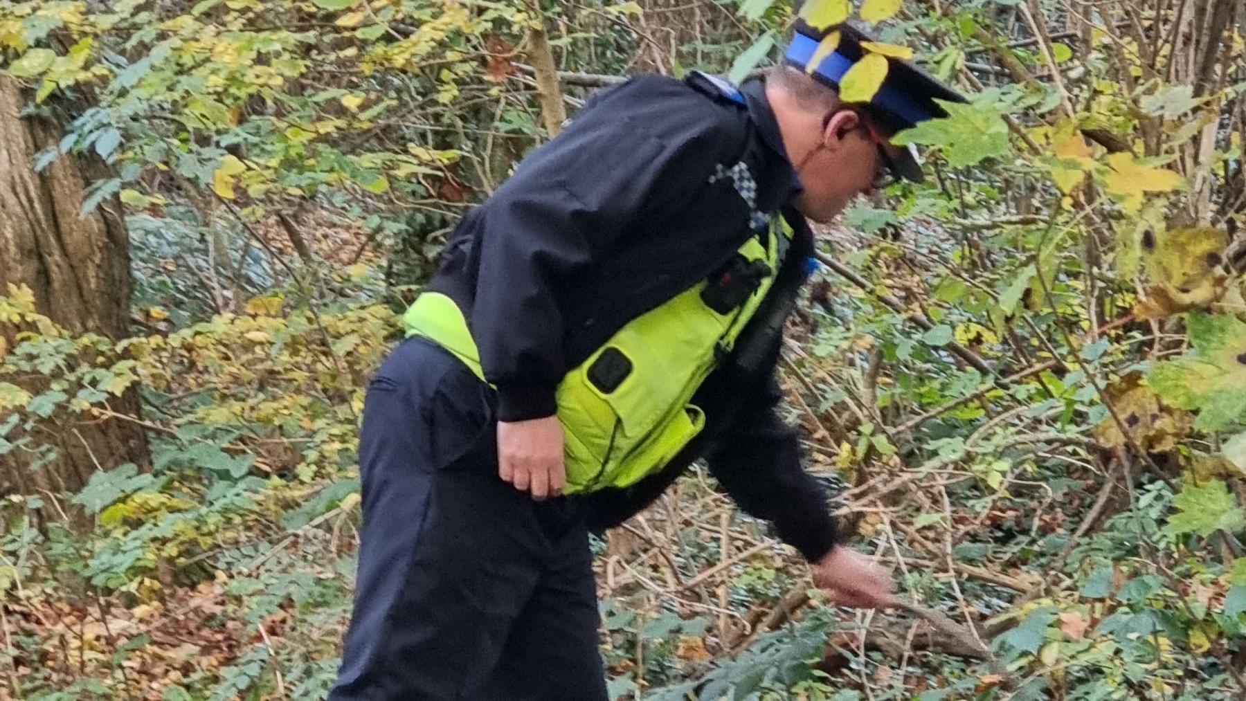 A police officer, wearing a police hat and dark uniform, with a high vis jacket, looking for knives in a bush