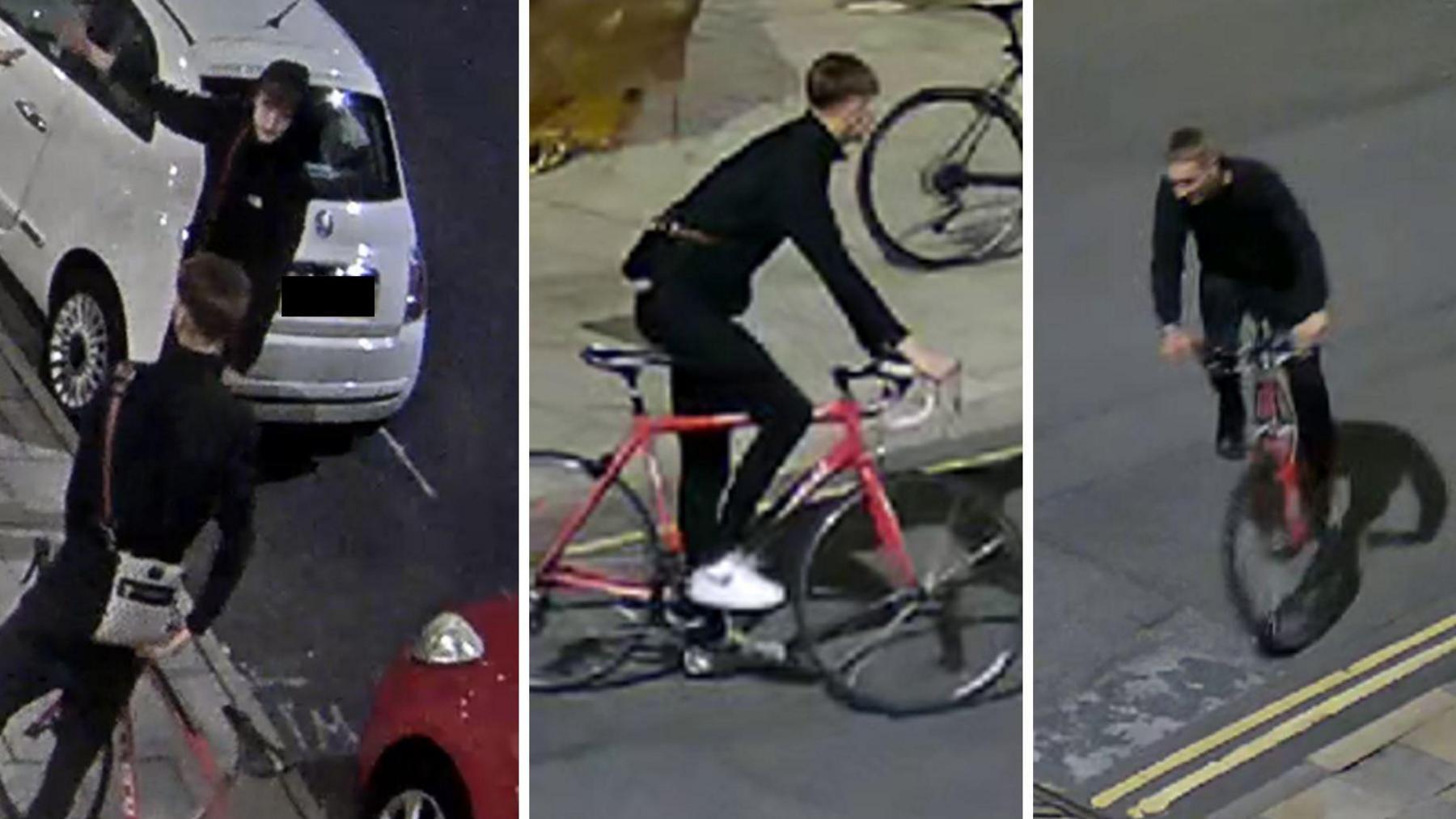 A collage of three CCTV images. Three young men are pictured all wearing black and riding bikes.