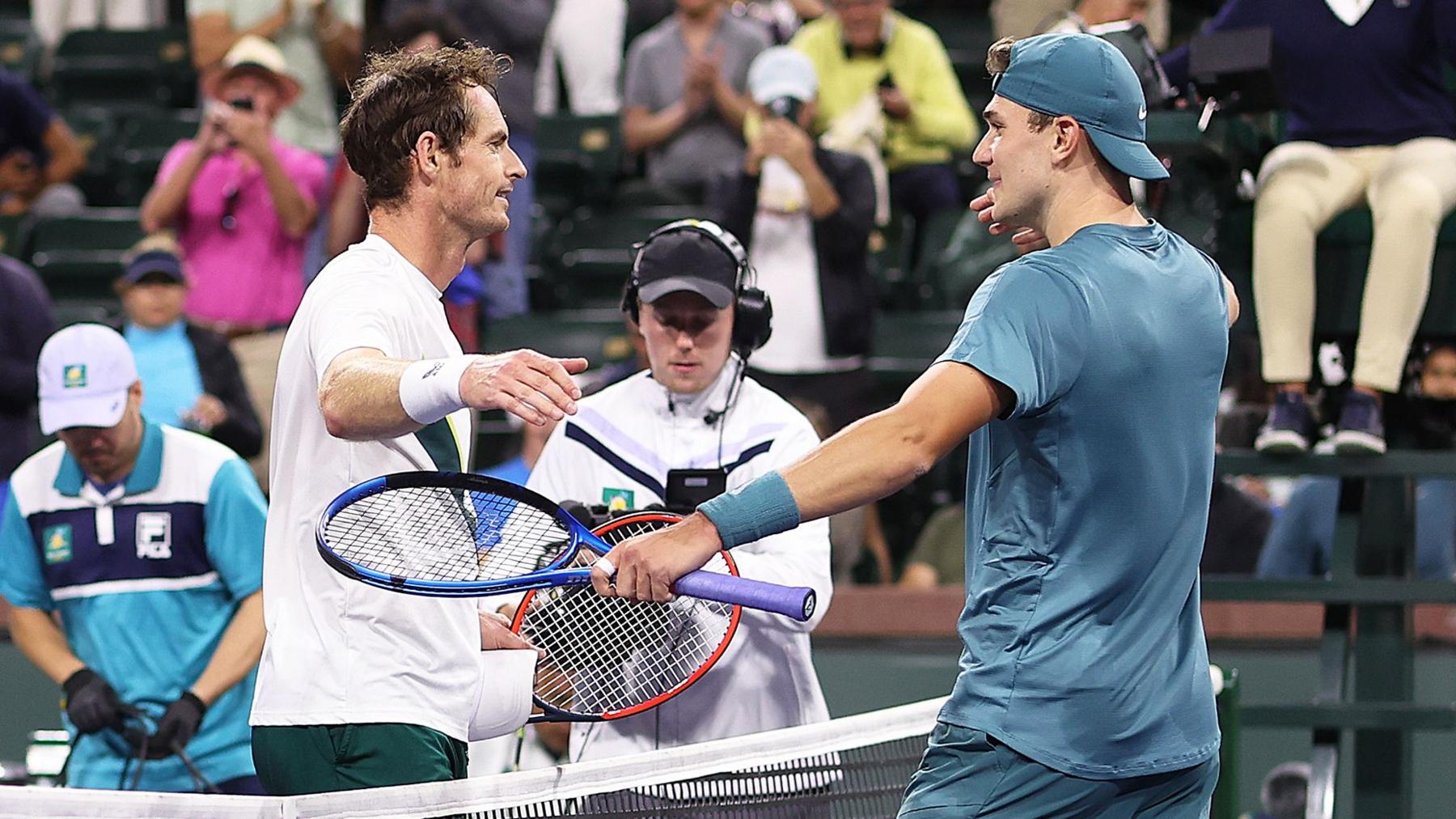 Andy Murray and Jack Draper embrace after their Indian Wells match in 2023