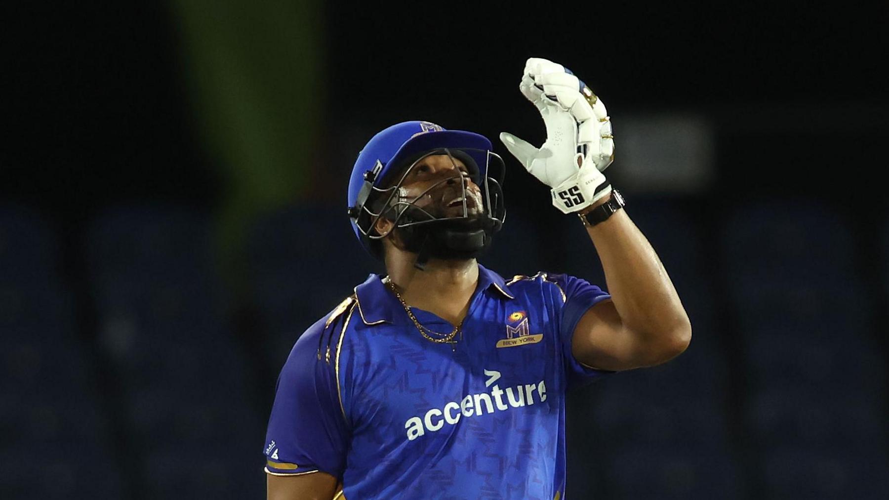 Kieron Pollard celebrates hitting a century for MI New York in Major League Cricket