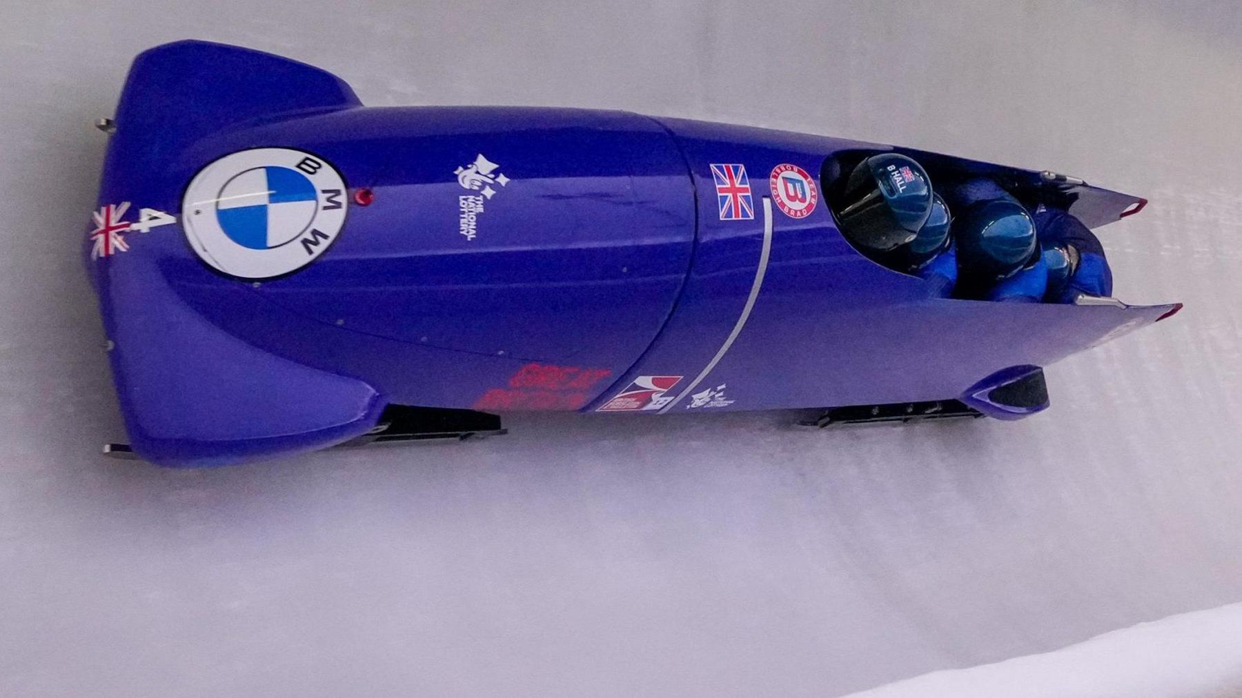 The British four-man bobsleigh team in action