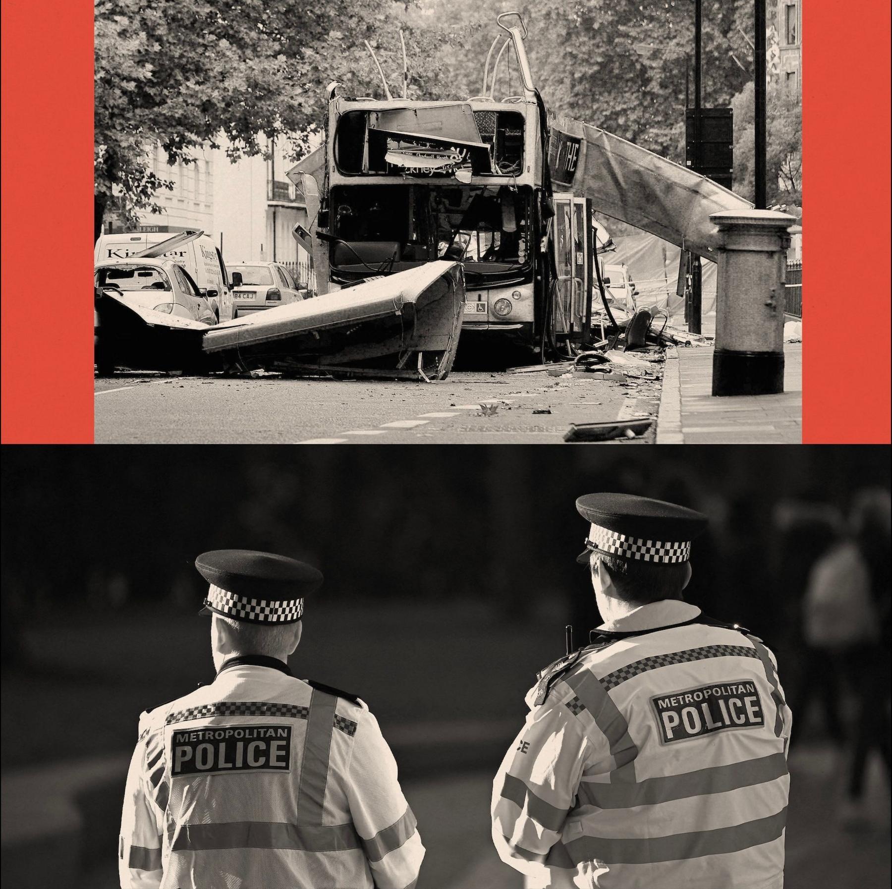 Bus wreckage in top image, two police officers shown from behind in bottom image