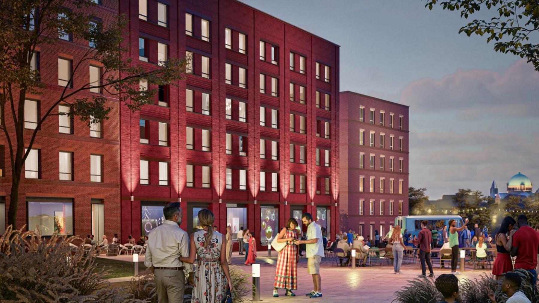 An artist's impression of the improved Market Square showing people in a busy town centre with modern flat buildings