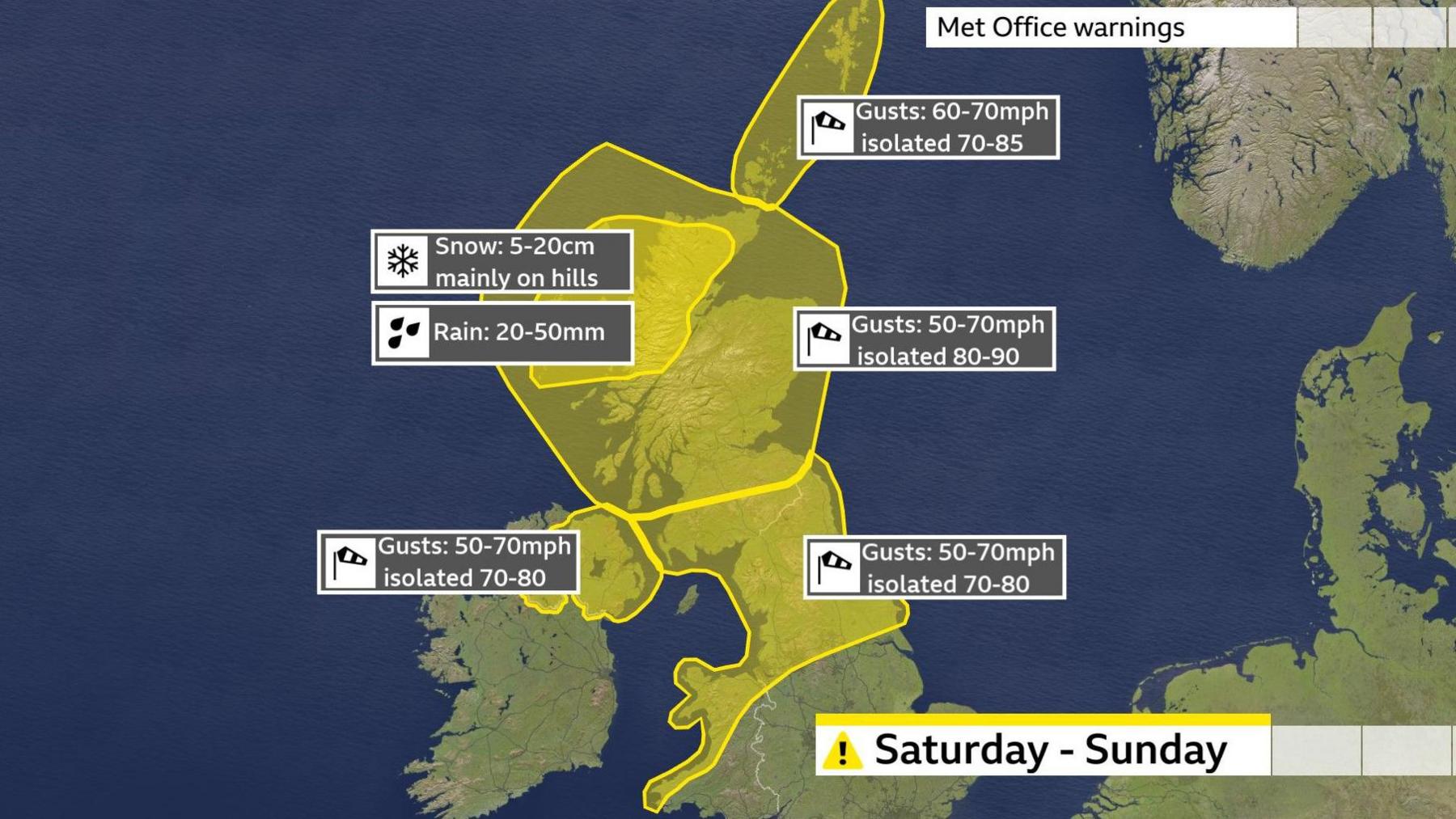 Weather map showing yellow warnings across the UK