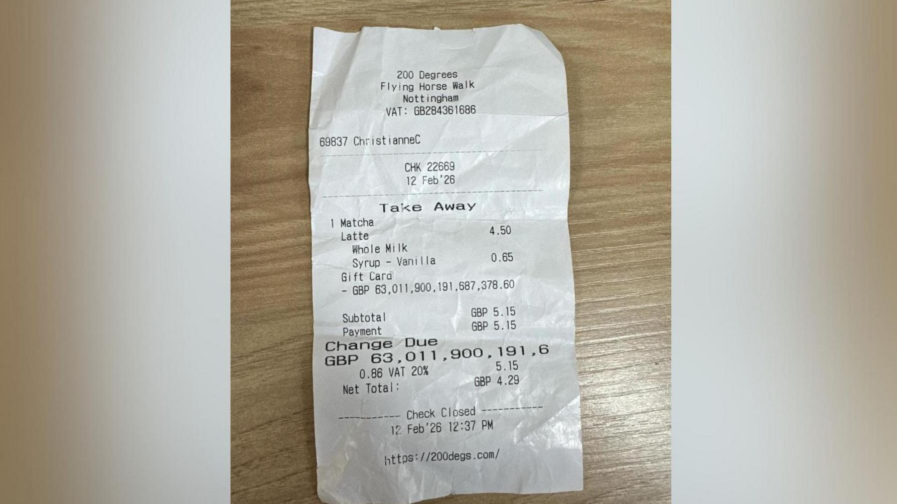Woman handed gift card receipt for £63 quadrillion in Nottingham cafe
