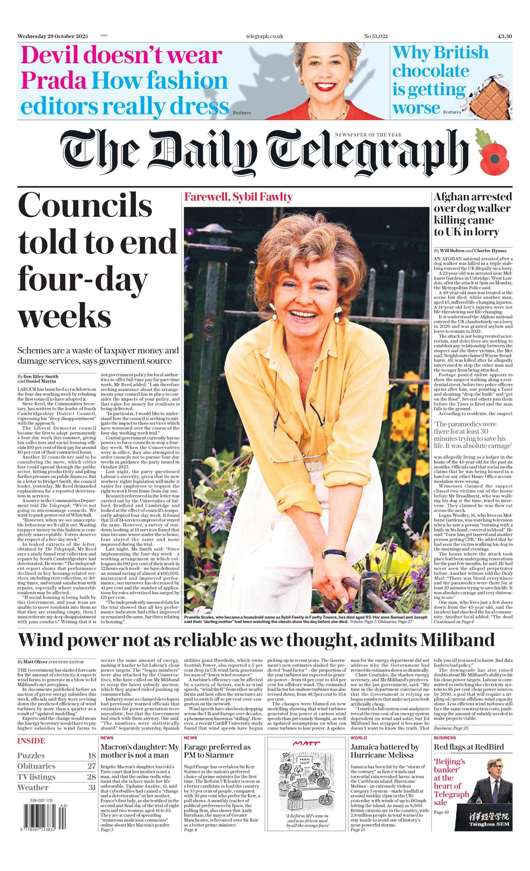 "Councils told to end four-day weeks" reads the headline on the front page of The Daily Telegraph.