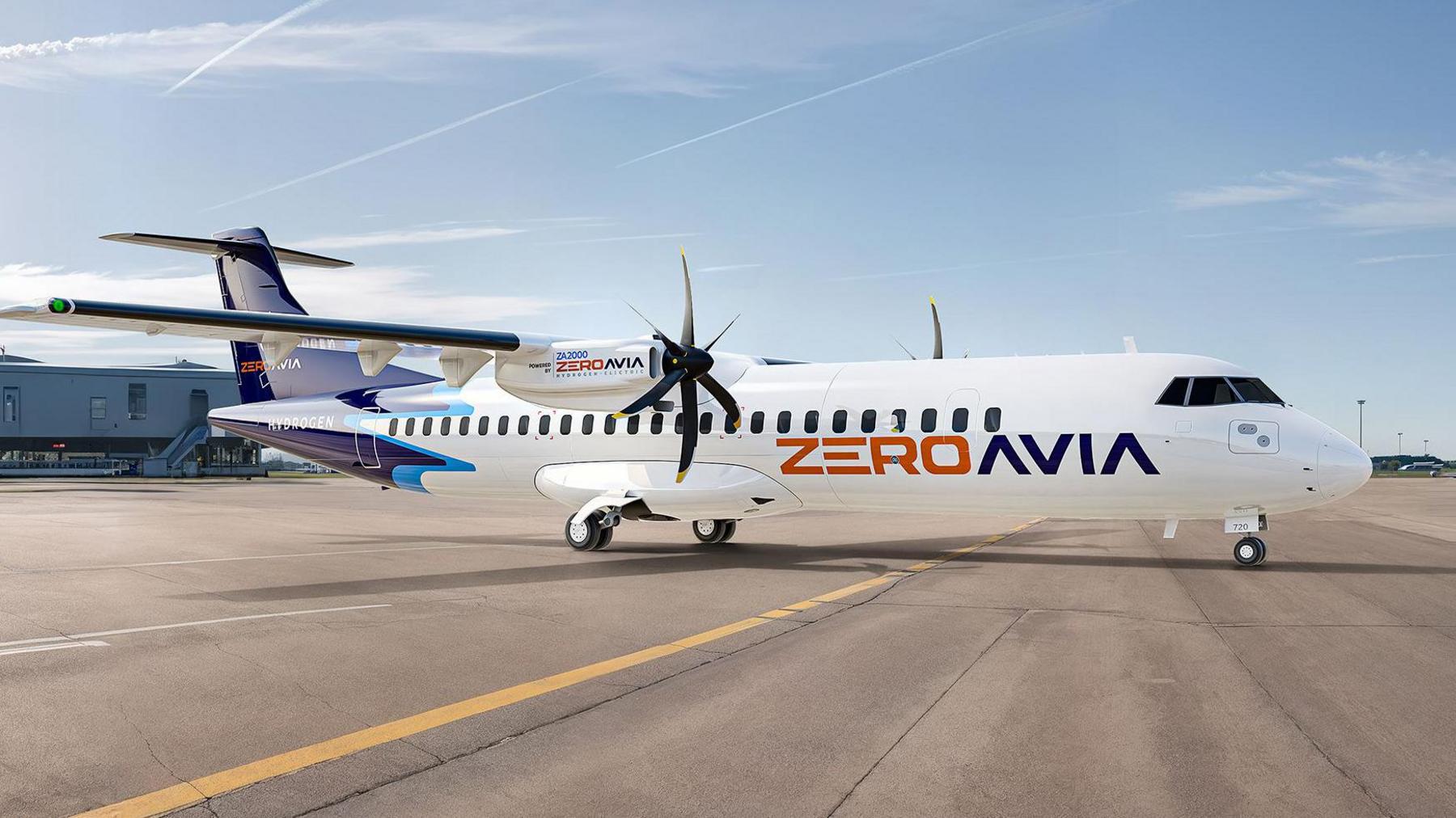 A visualisation of a medium sized passenger plane with twin propellers on a runway with a saltire flying in the background