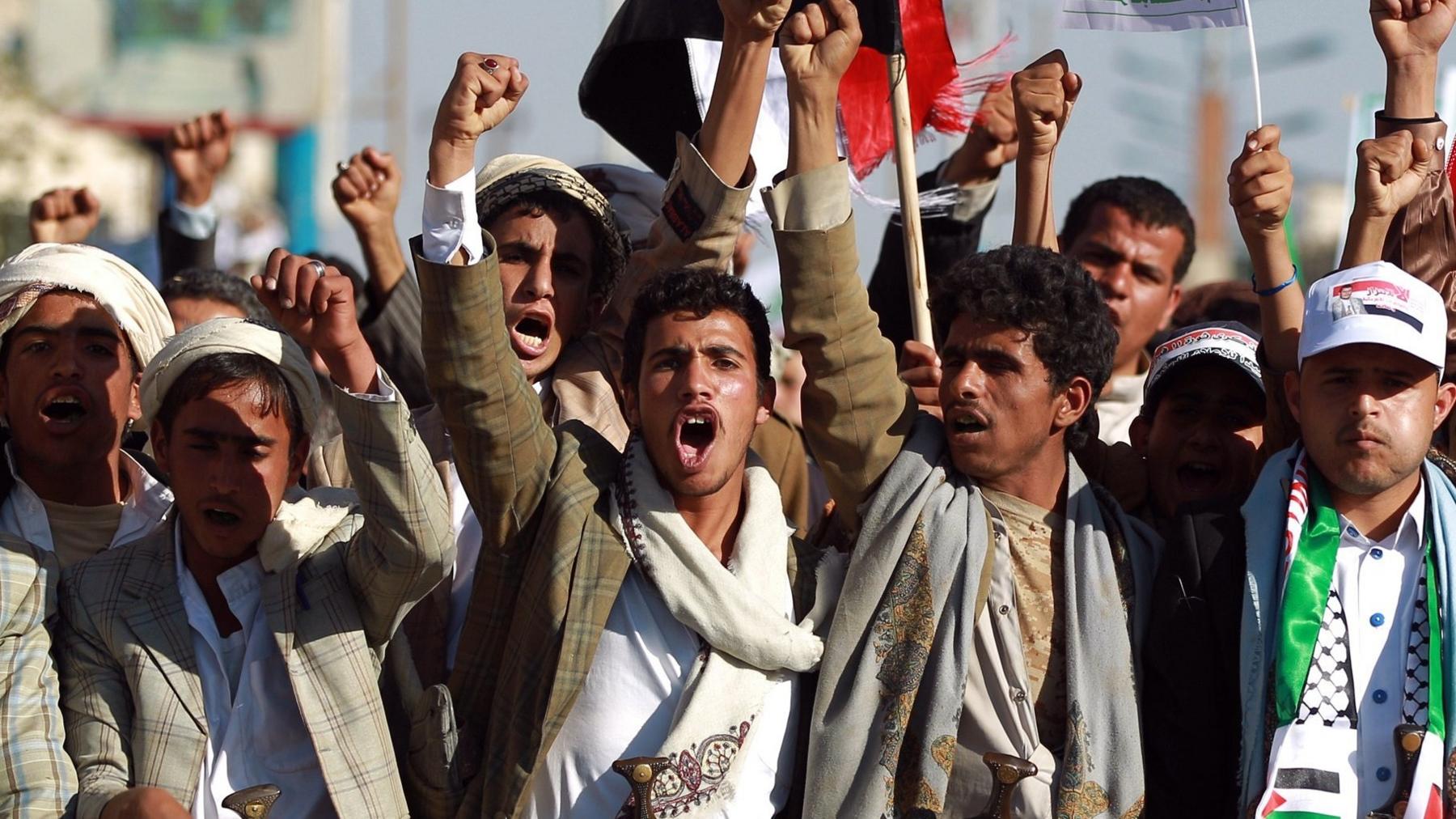 Houthi supporters demonstrate in Sanaa, Yemen, on 20 February 2015