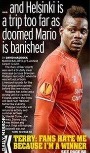 The Daily Mirror lead on Mario Balotelli's Anfield woe