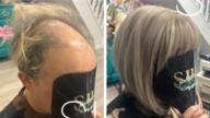 Two headshots of the same woman holding a black mask to her face with a logo printed on it. The left image shows her with blonde thinning hair, the one on the right shows her with a thick, short, blonde bob haircut. In both images, the woman is wearing a black salon gown and there is a teal set of drawers in the background, a white staircase and colourful safari wallpaper.