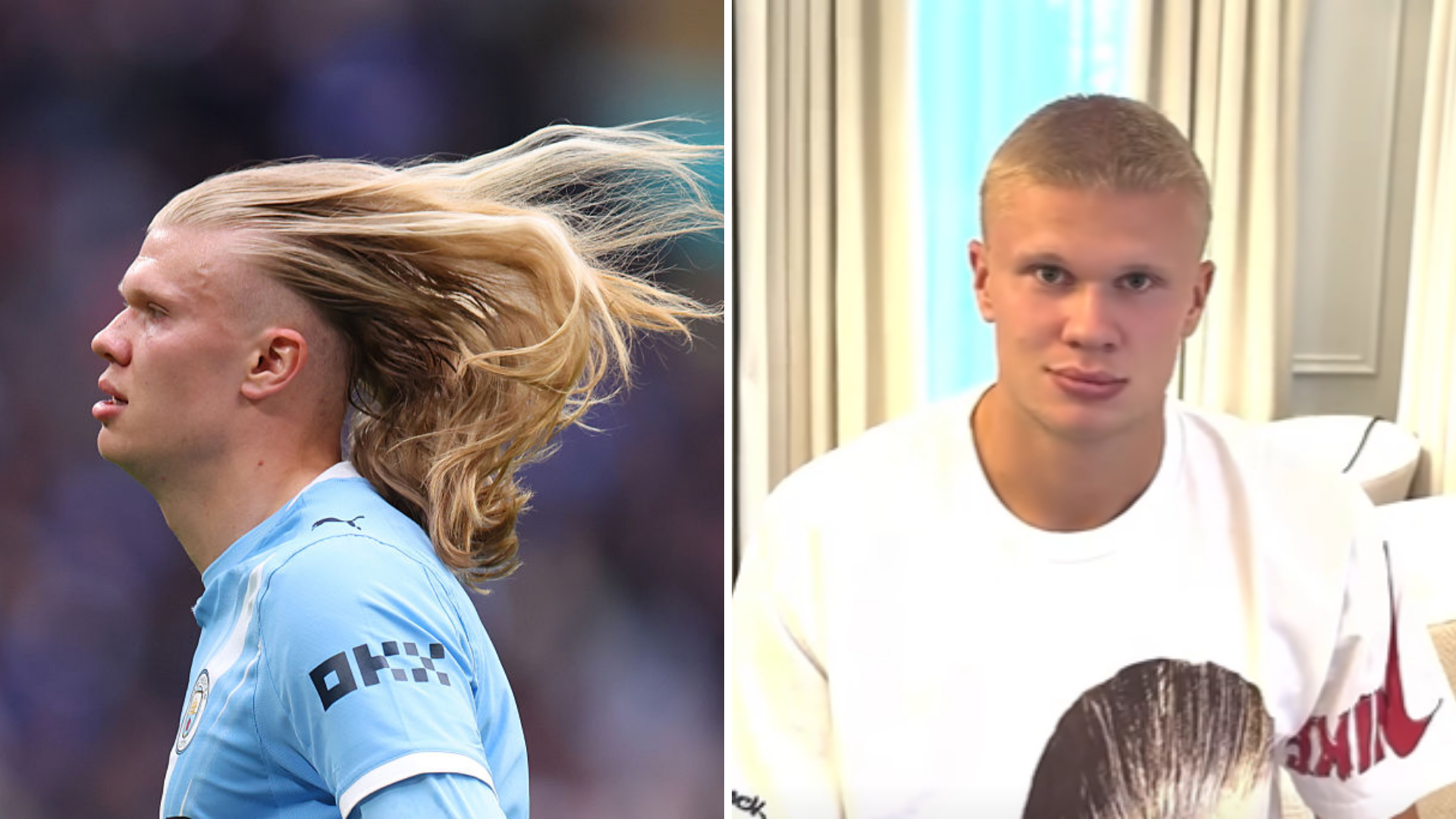 Composite of Erling Haaland with long hair next to a more recent image of his shorter buzz cut haircut