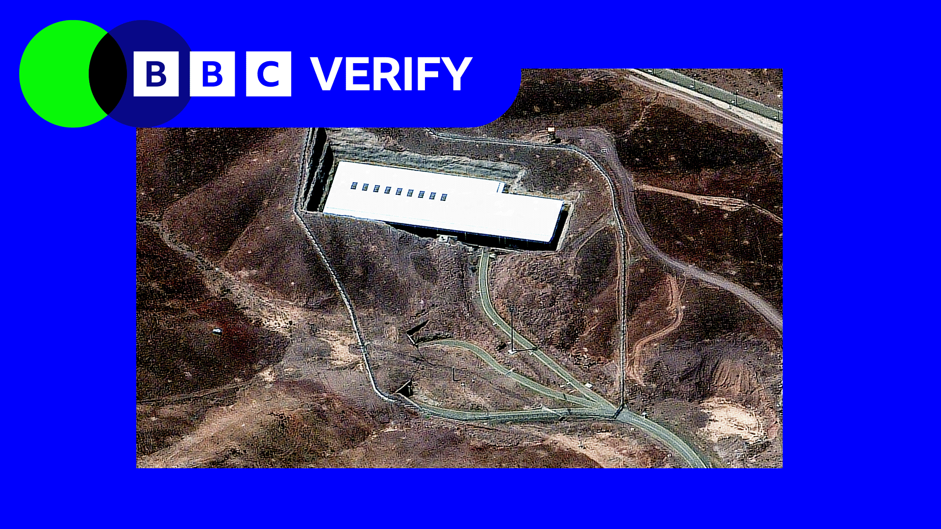 In the background: A satellite image of Iran's Fordo nuclear site. A BBC Verify logo is in the top left-hand corner. 