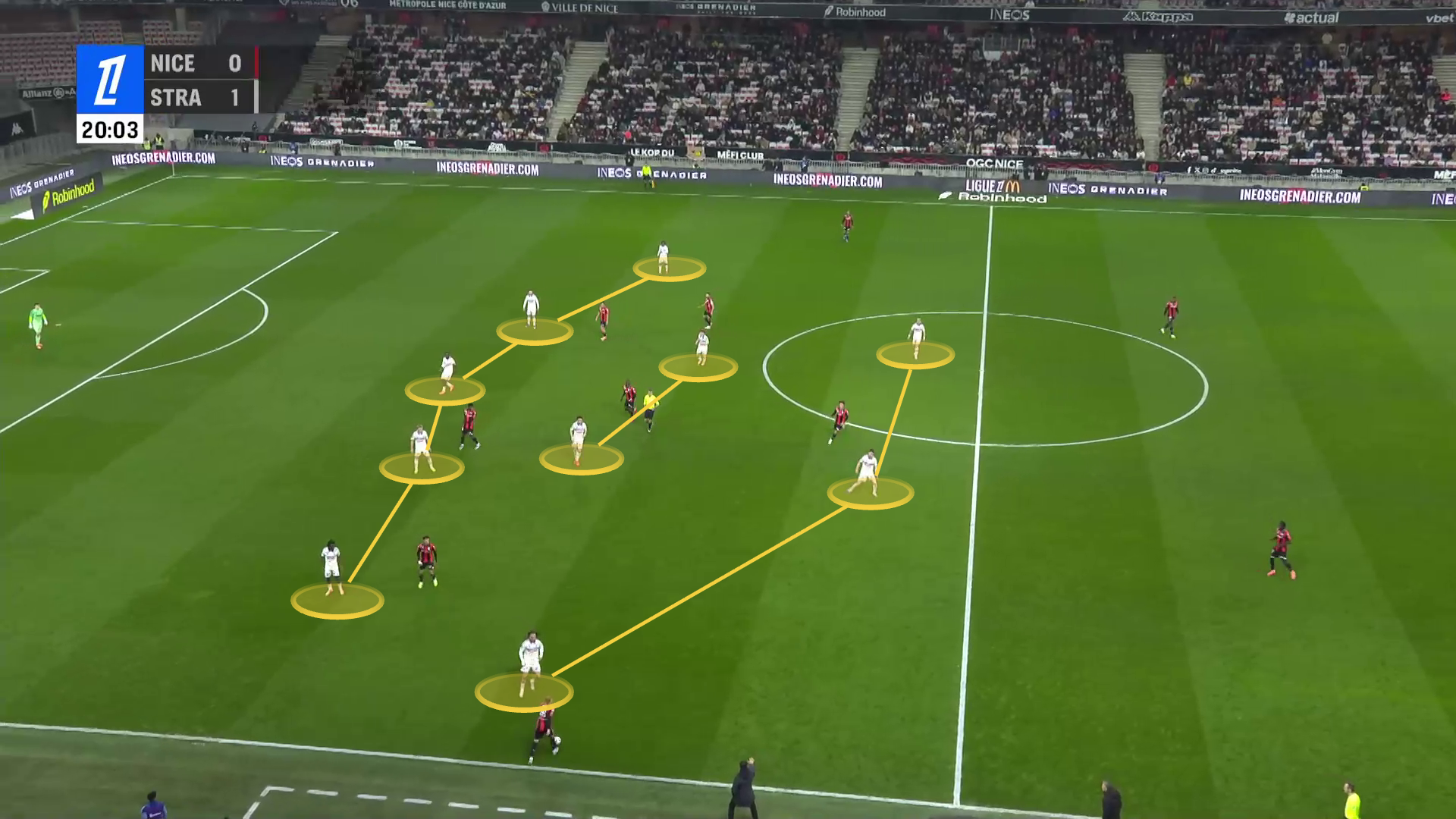 Graphic showing how, in their defensive block, Rosenior's Strasbourg opted to defend in a 5-2-3 formation