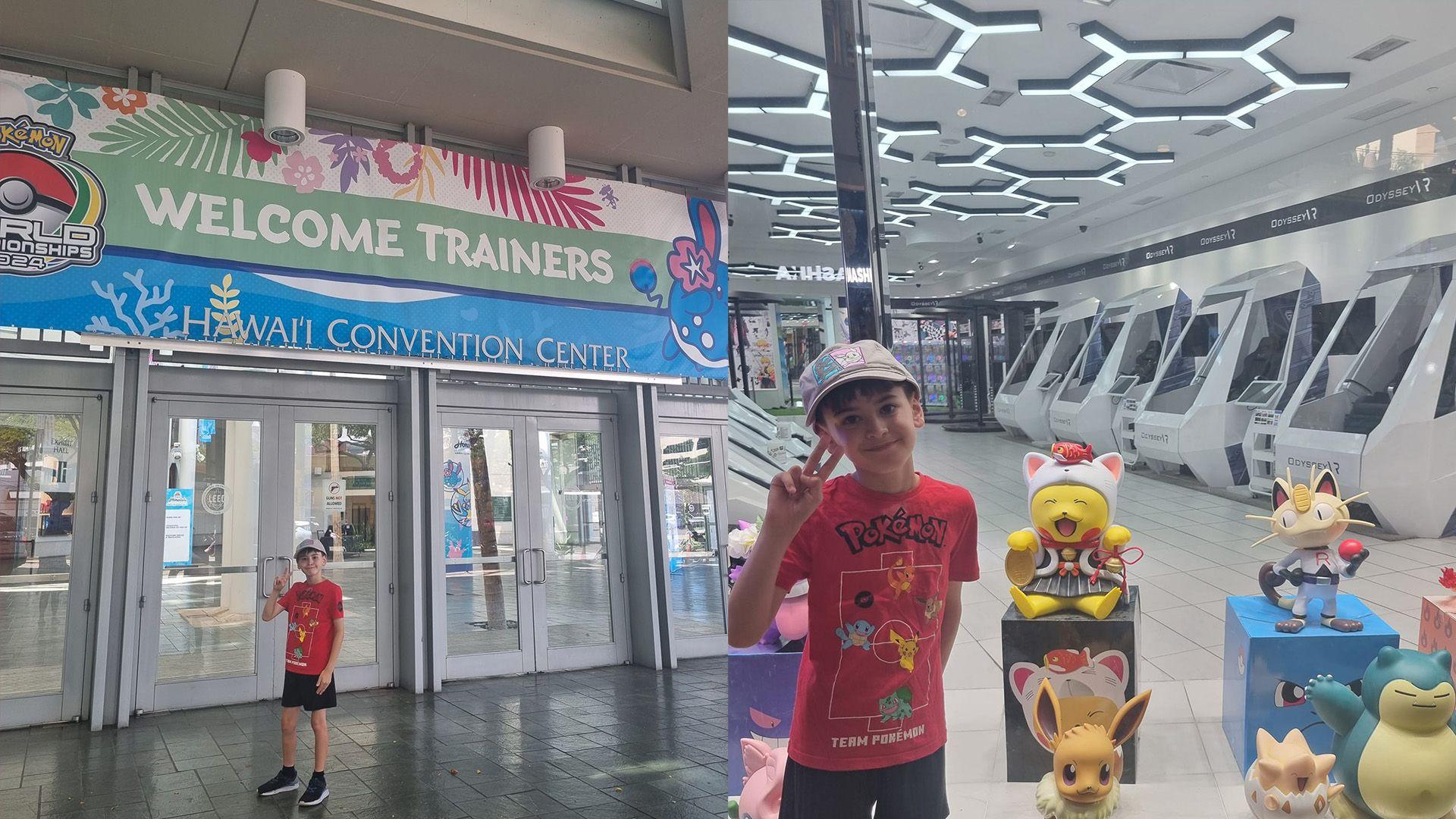 Two photos show 9 year old Declan at the Hawaii convention centre 