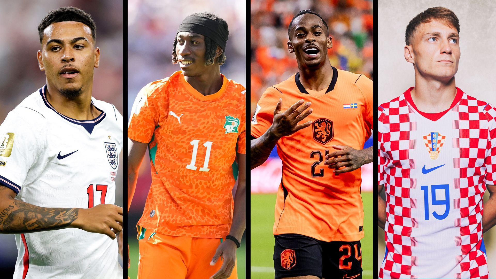 Composite image showing England's Morgan Rogers, Ivory Coast winger Yan Diomande, the Netherlands' Crysencio Summerville & Croatia's Toni Fruk in their respective World Cup kits