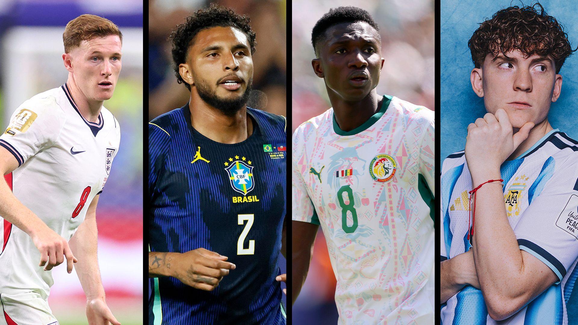 Composite image showing England midfielder Elliot Anderson, Brazil's Ederson, Senegal's Lamine Camara & Argentina's Valentin Barco in their respective World Cup kits