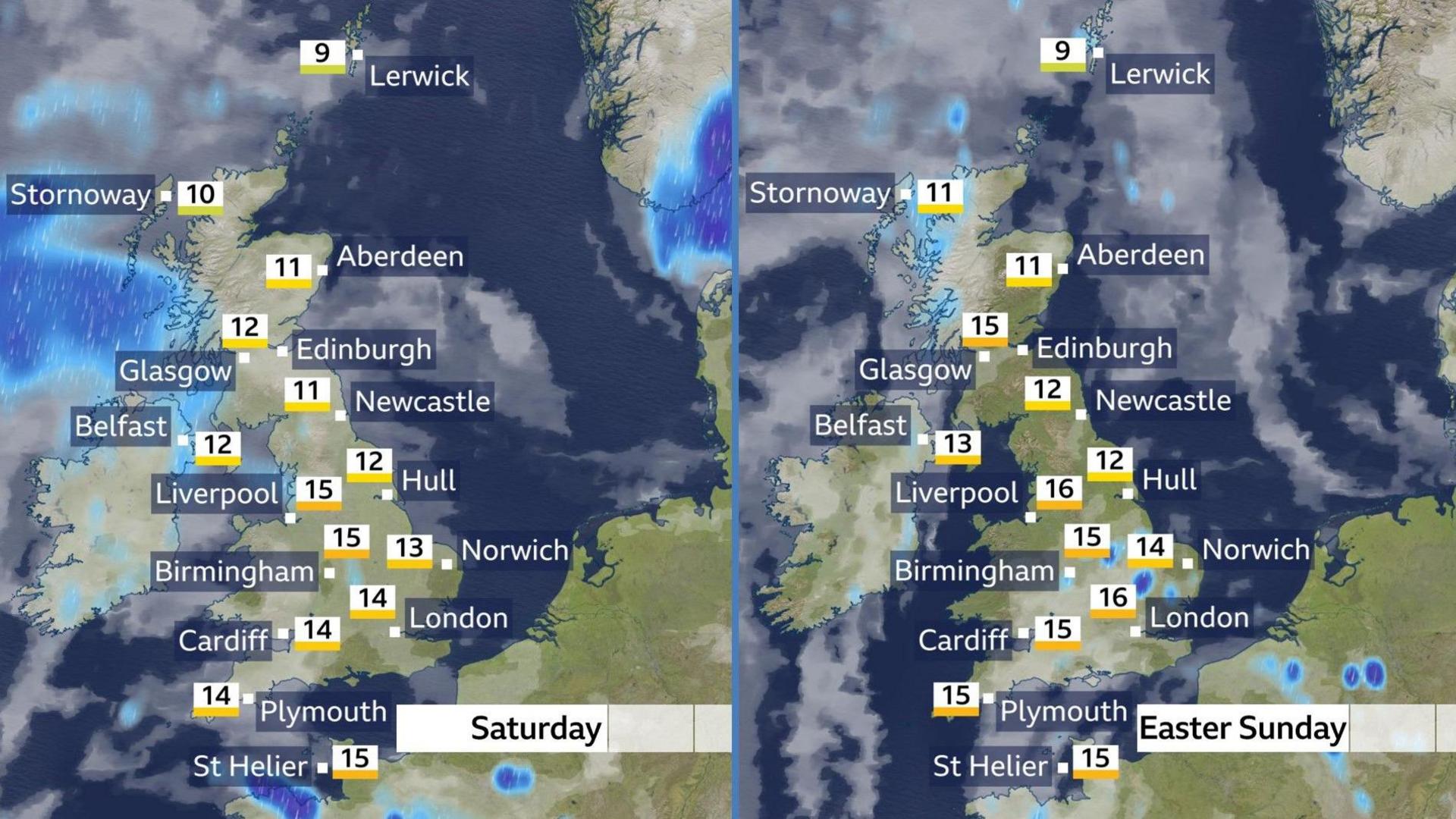 Two weather maps showing forecasts for Saturday and Easter Sunday. On Saturday some rain is shown in western Scotland and Northern Ireland with cloud elsewhere and a little sunshine in Wales, the Midlands and southern England. On Sunday dry weather is shown in many areas but with a little rain in western Scotland and Northern Ireland and a few showers in eastern England