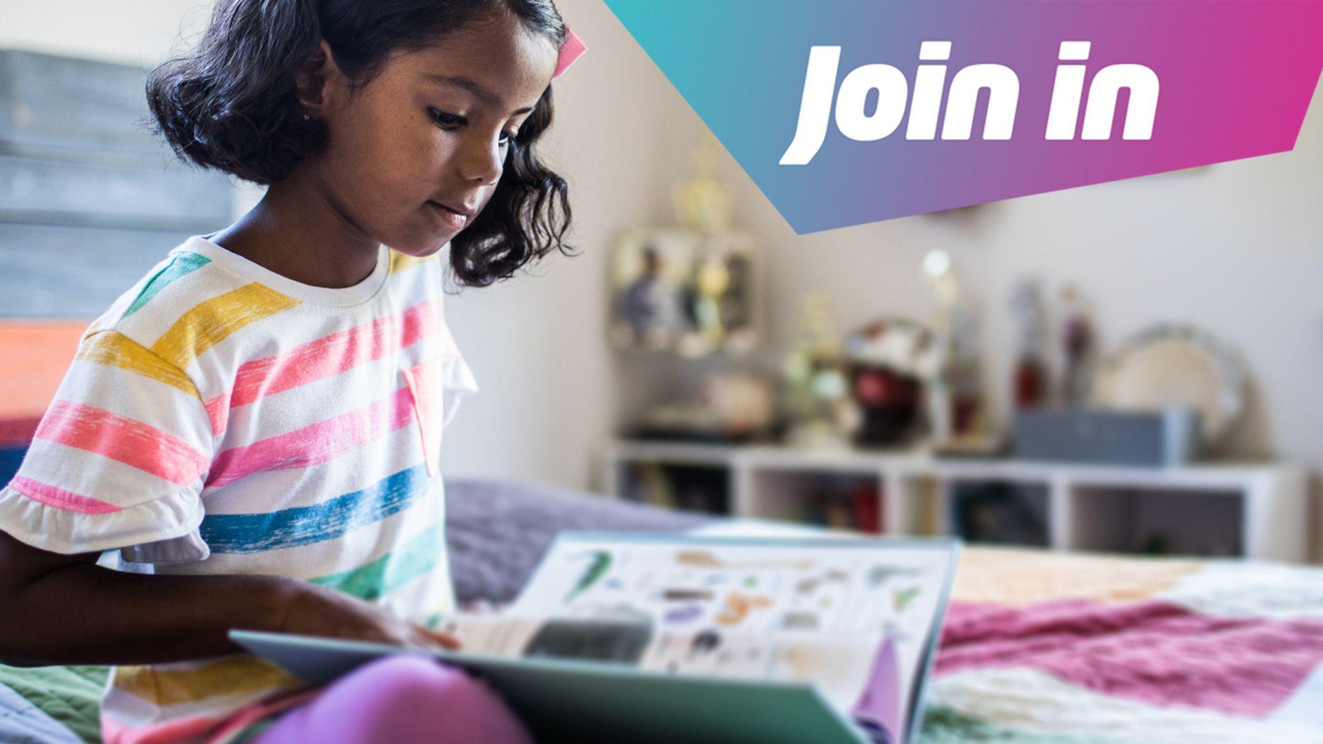 A young person reading a book in their bedroom, with text on the image reading 'Join In'.